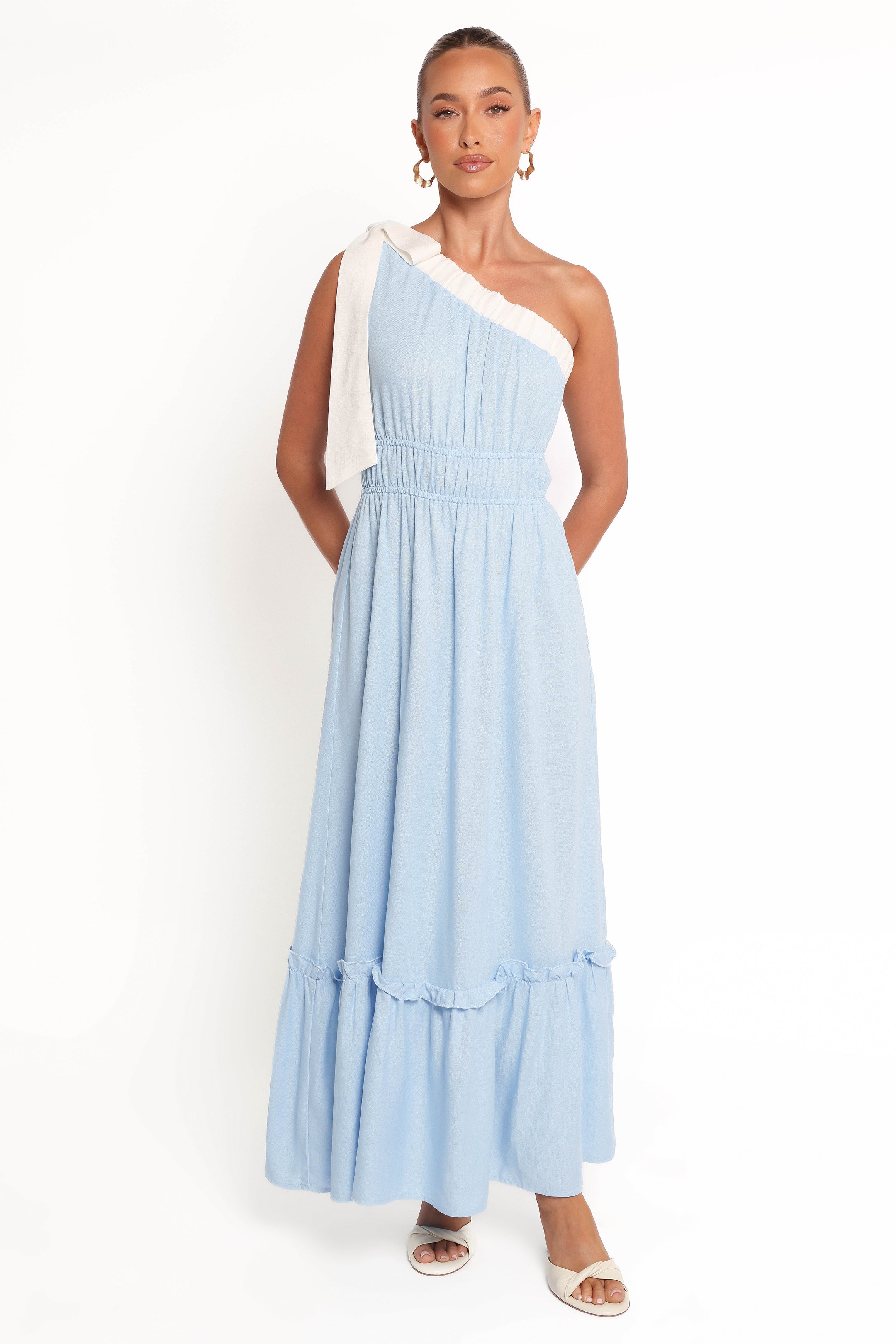 Gilda One Shoulder Blue & White Cotton Linen Maxi Dress