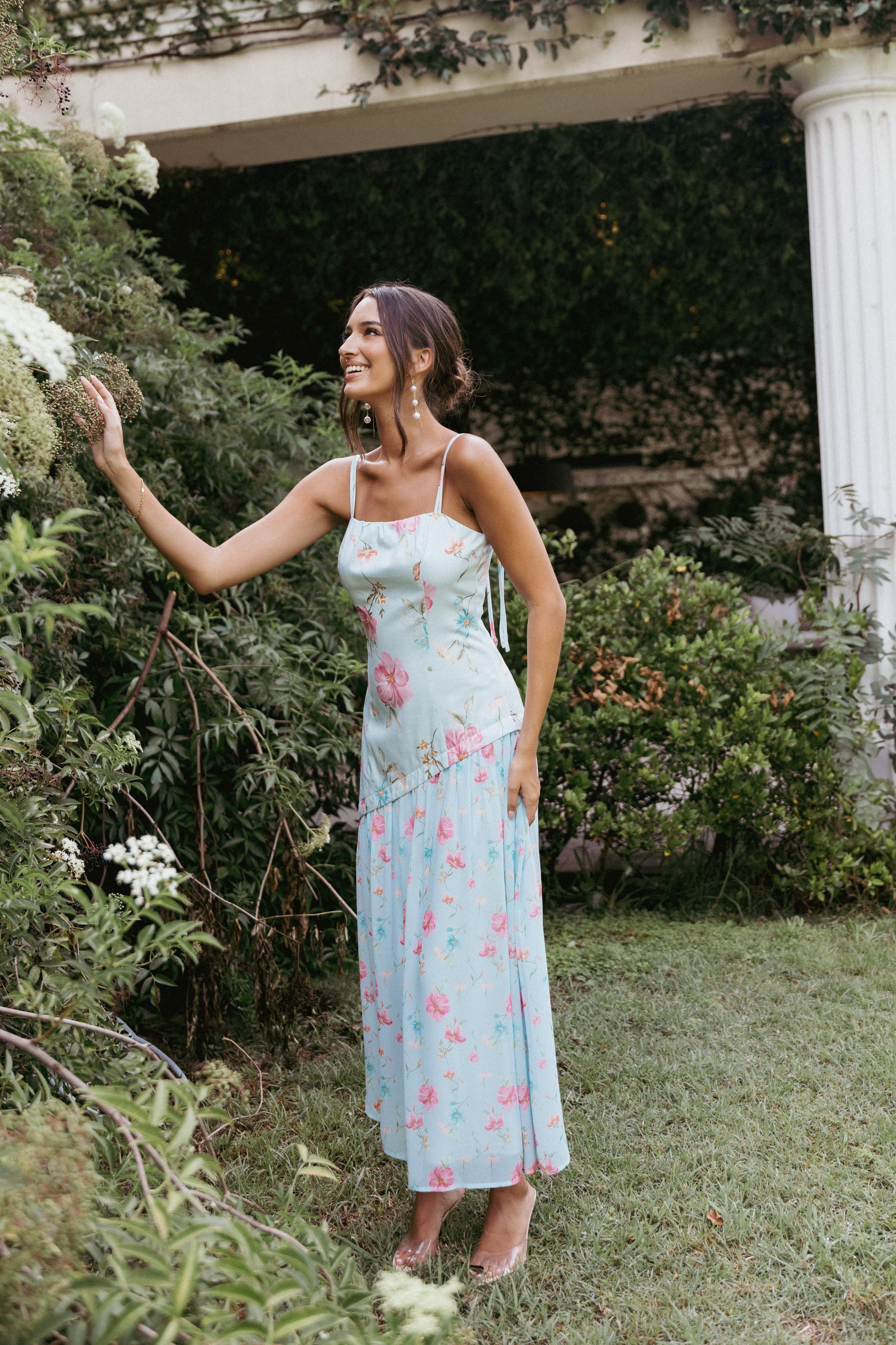 Renata Blue Floral Maxi Dress with Square Neckline & Tie Straps