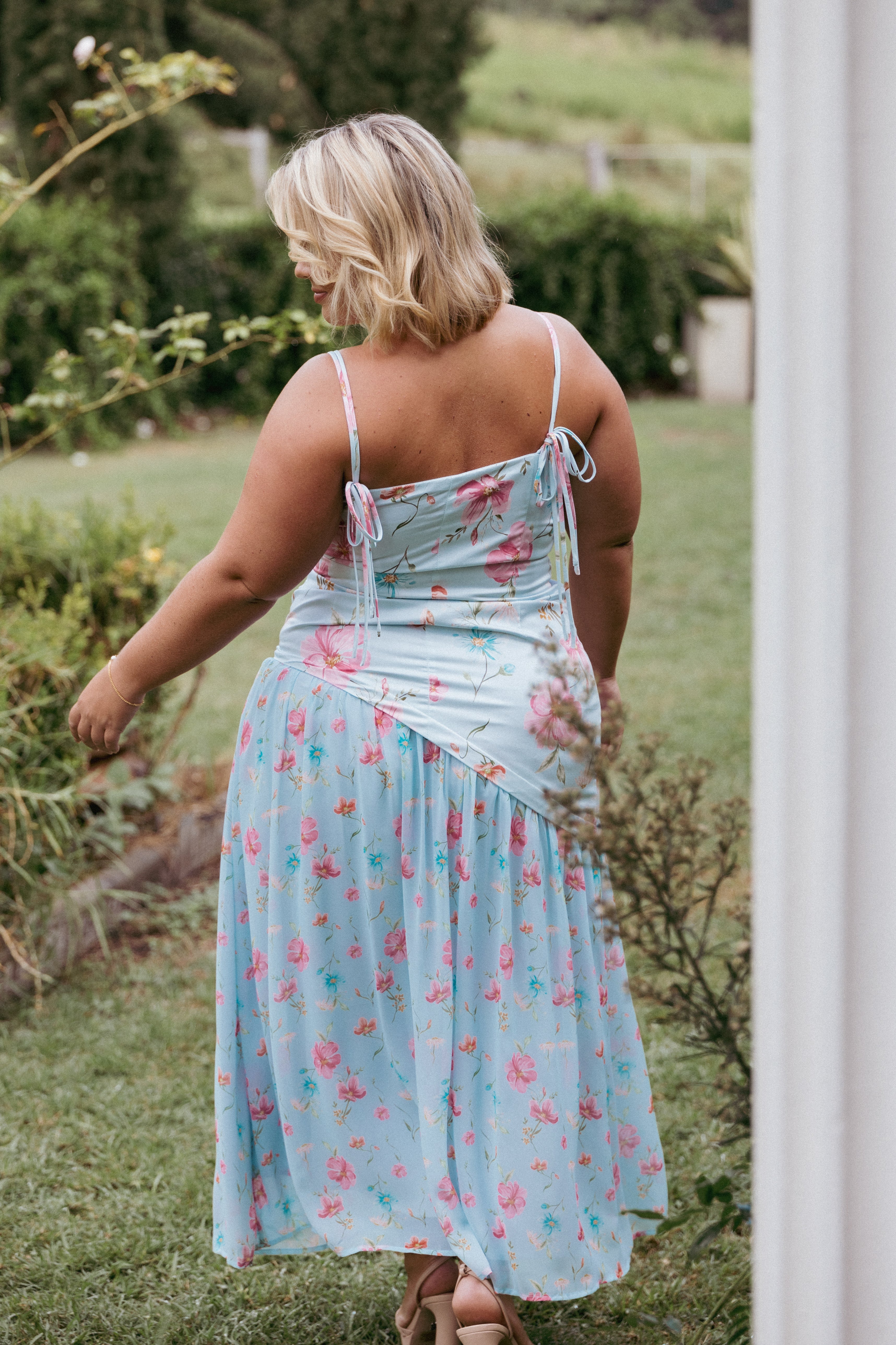 Renata Blue Floral Maxi Dress with Square Neckline & Tie Straps