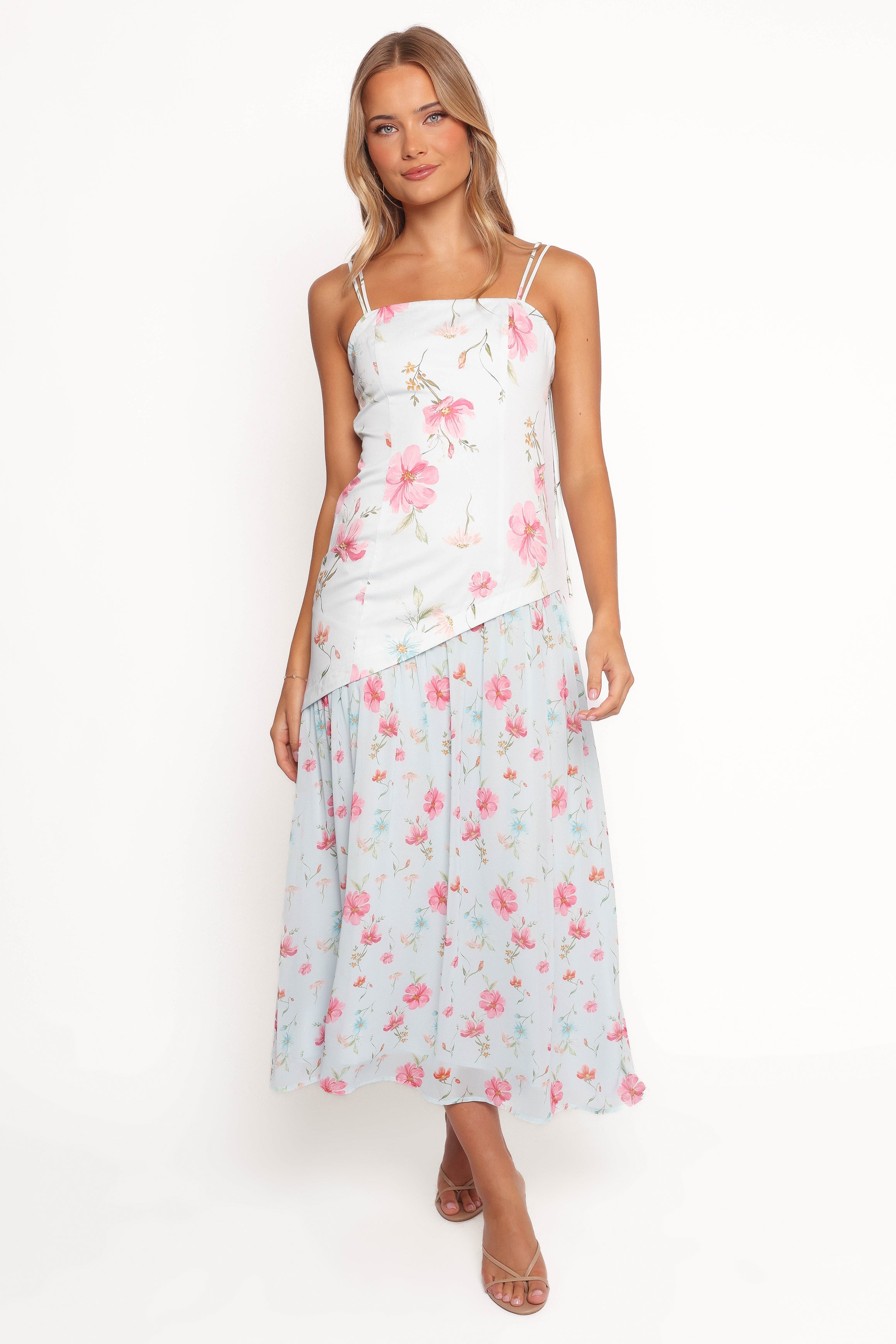 Renata Blue Floral Maxi Dress with Square Neckline & Tie Straps
