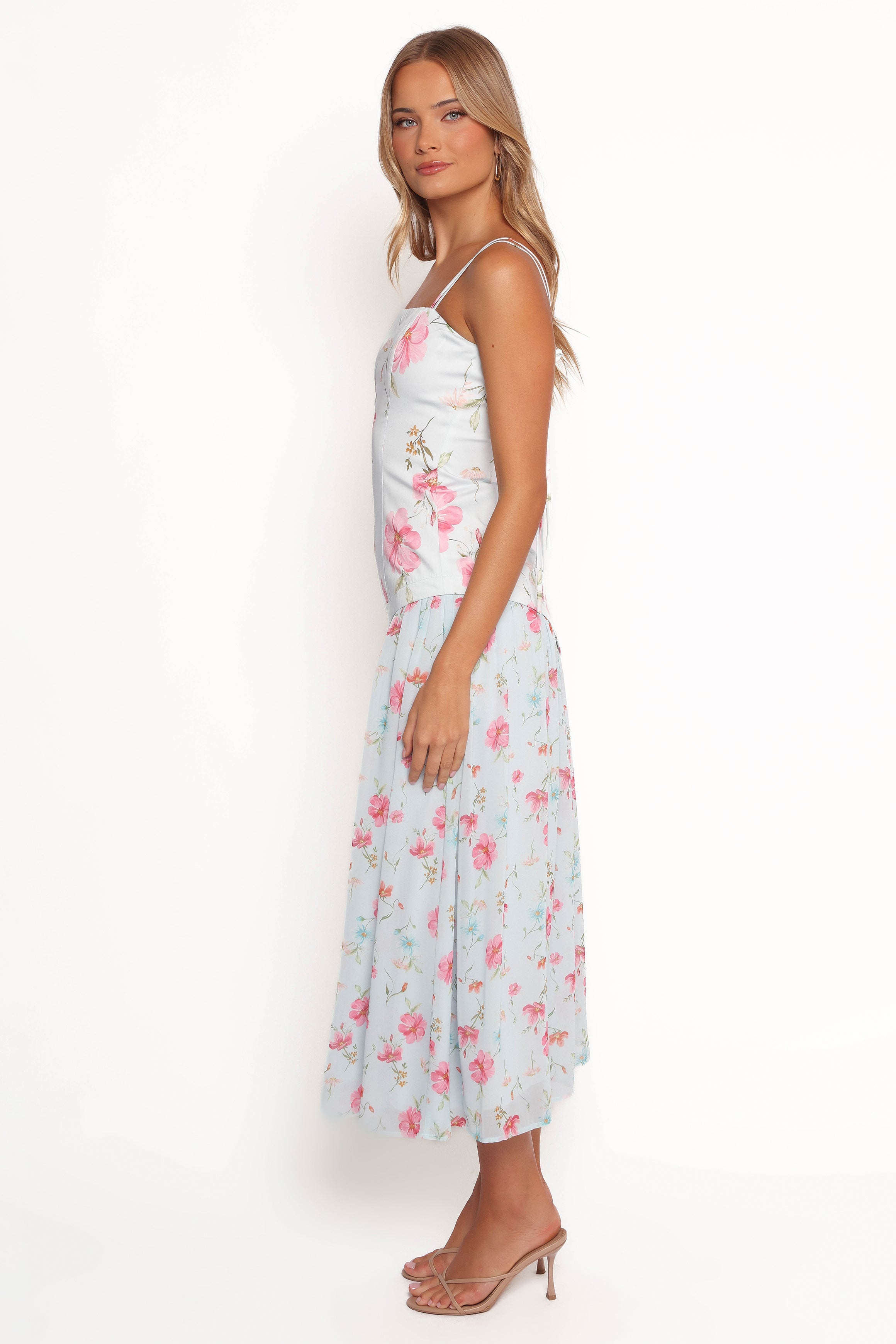 Renata Blue Floral Maxi Dress with Square Neckline & Tie Straps