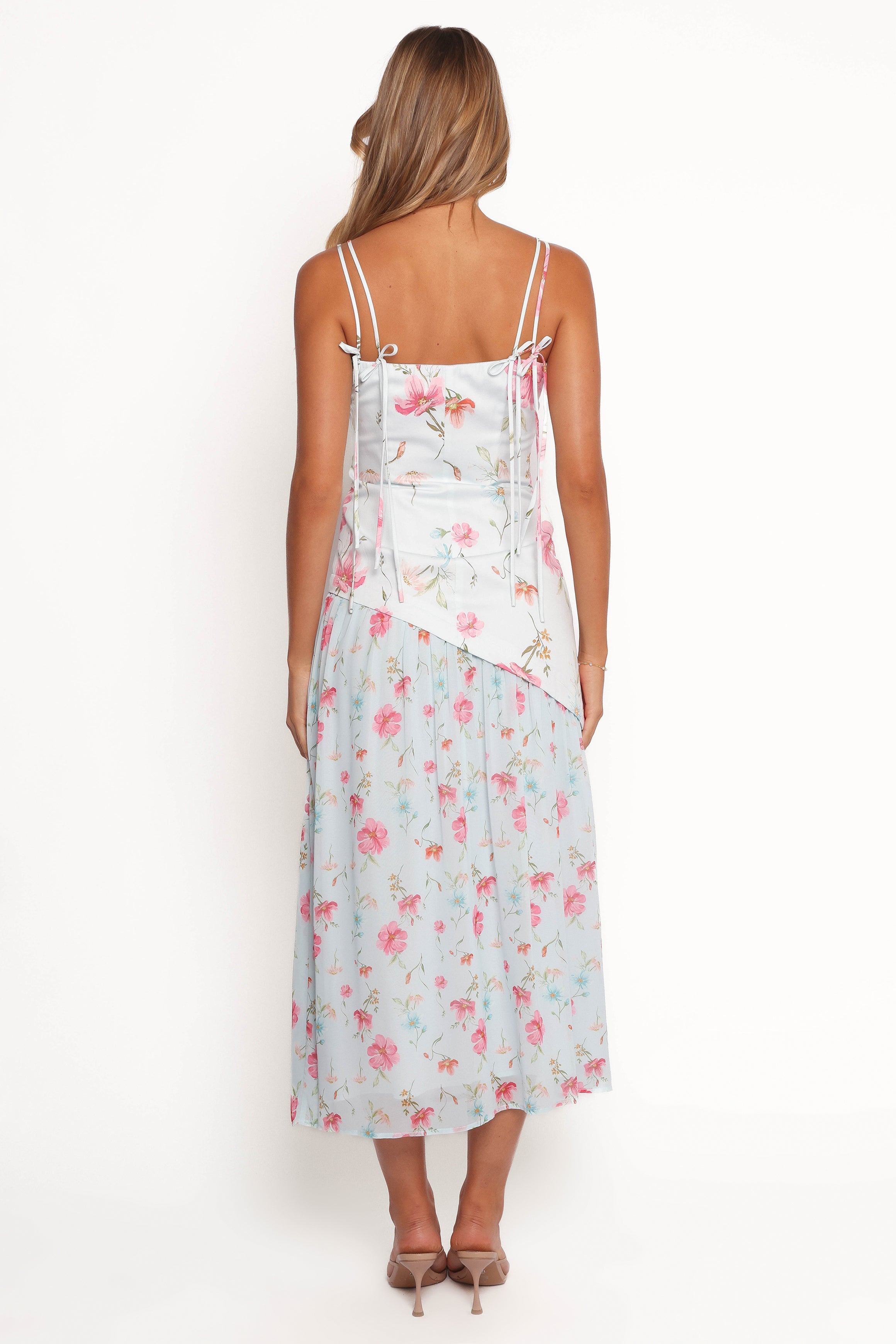 Renata Blue Floral Maxi Dress with Square Neckline & Tie Straps