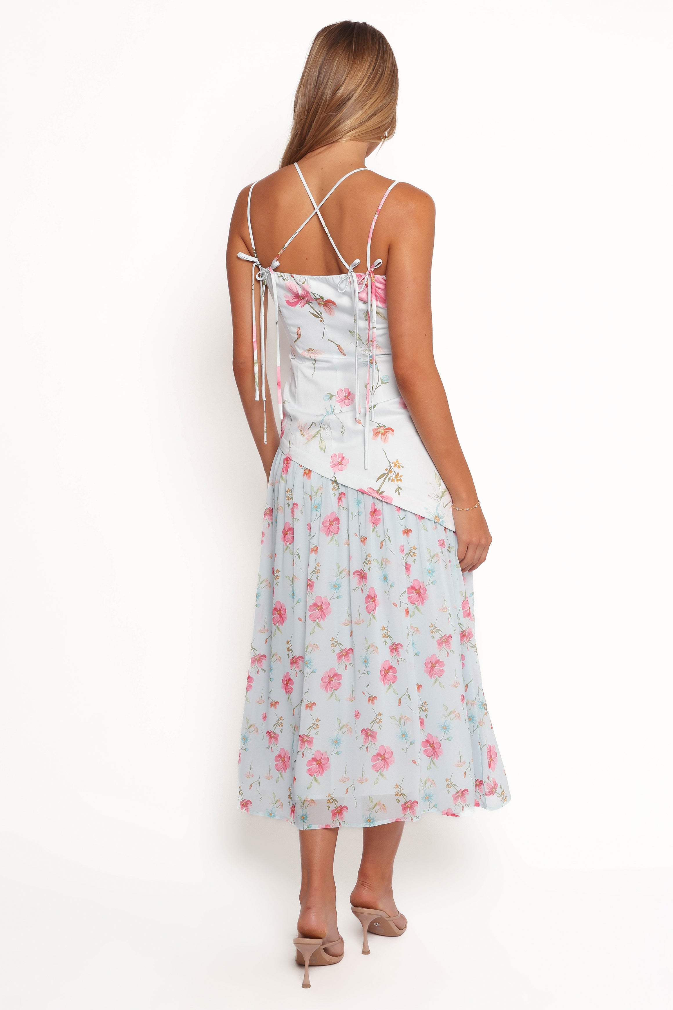 Renata Blue Floral Maxi Dress with Square Neckline & Tie Straps