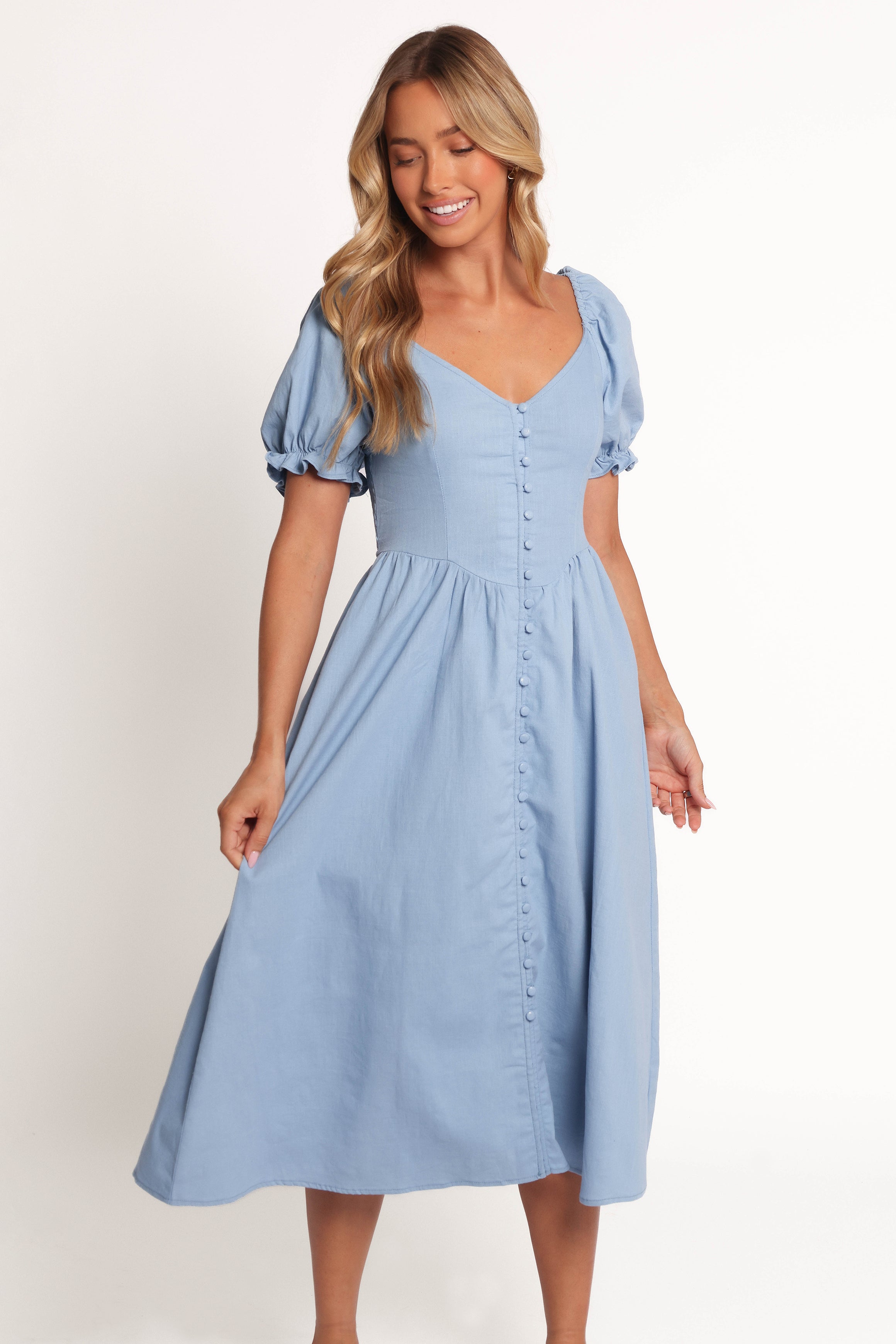 Blue Linen Cotton Serenade Midi Dress with Puff Sleeves & Pockets