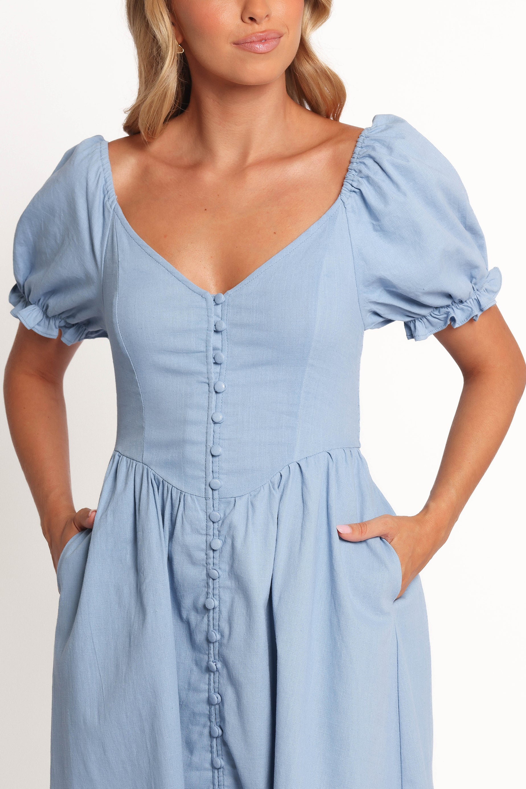 Blue Linen Cotton Serenade Midi Dress with Puff Sleeves & Pockets
