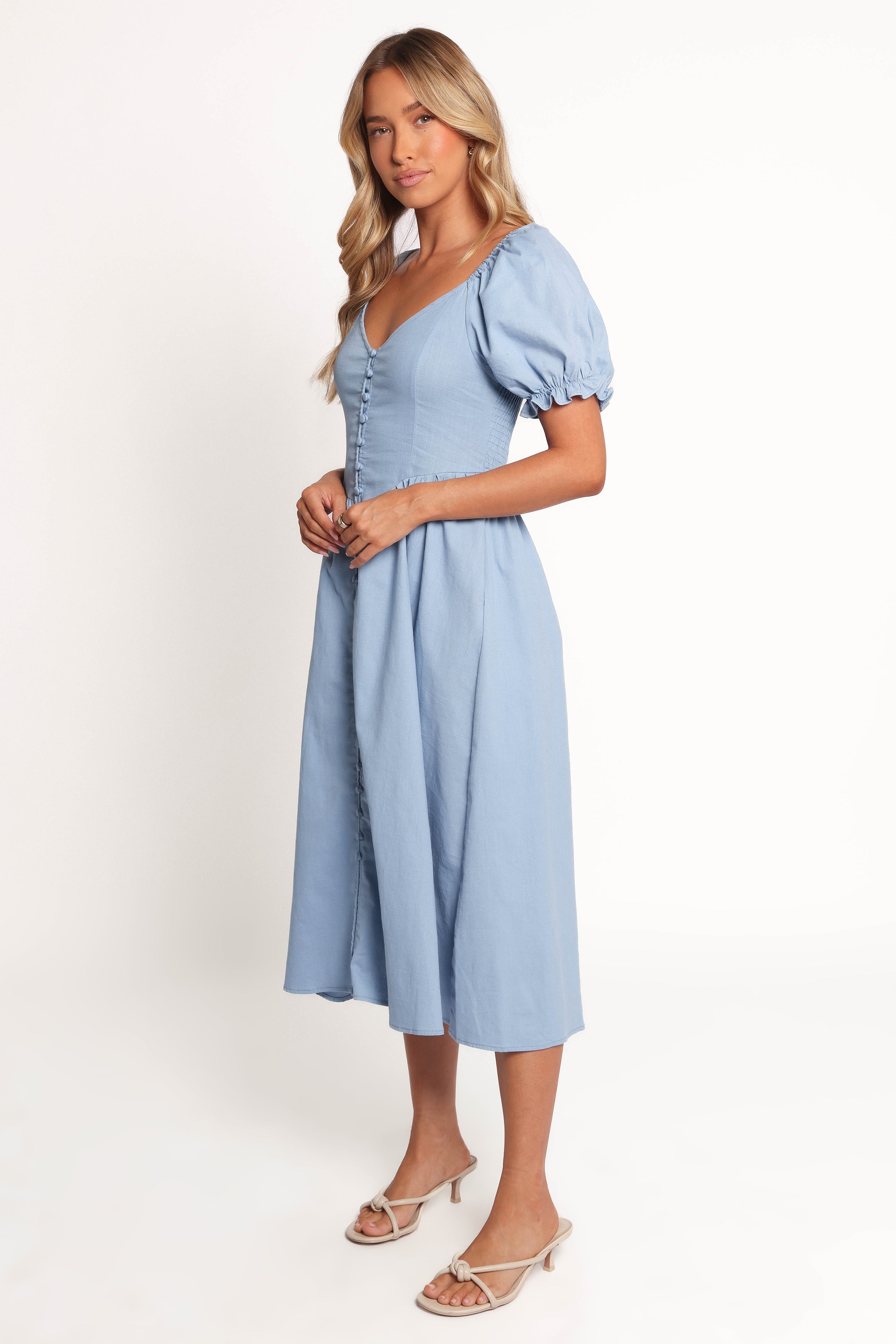Blue Linen Cotton Serenade Midi Dress with Puff Sleeves & Pockets