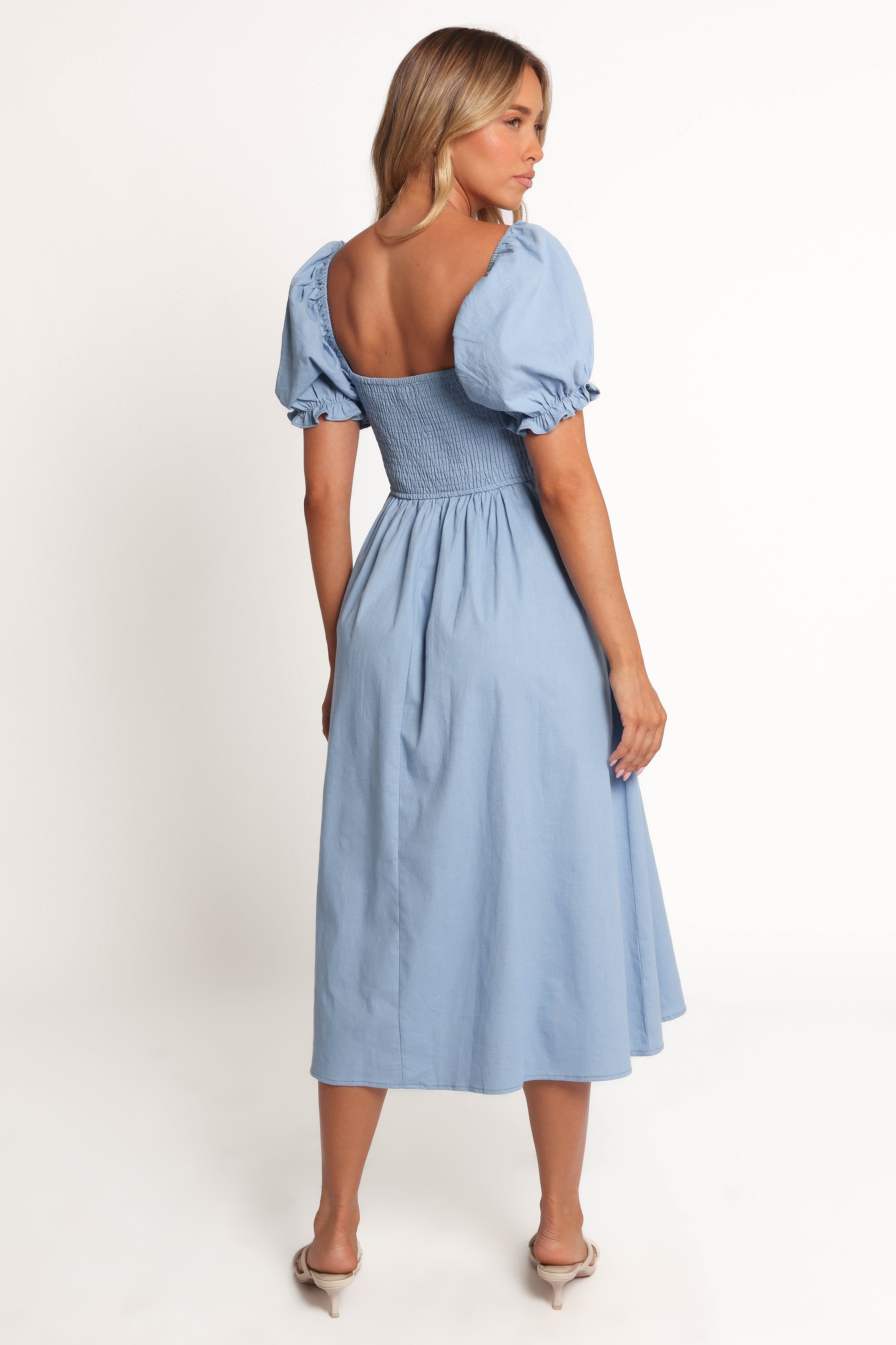 Blue Linen Cotton Serenade Midi Dress with Puff Sleeves & Pockets
