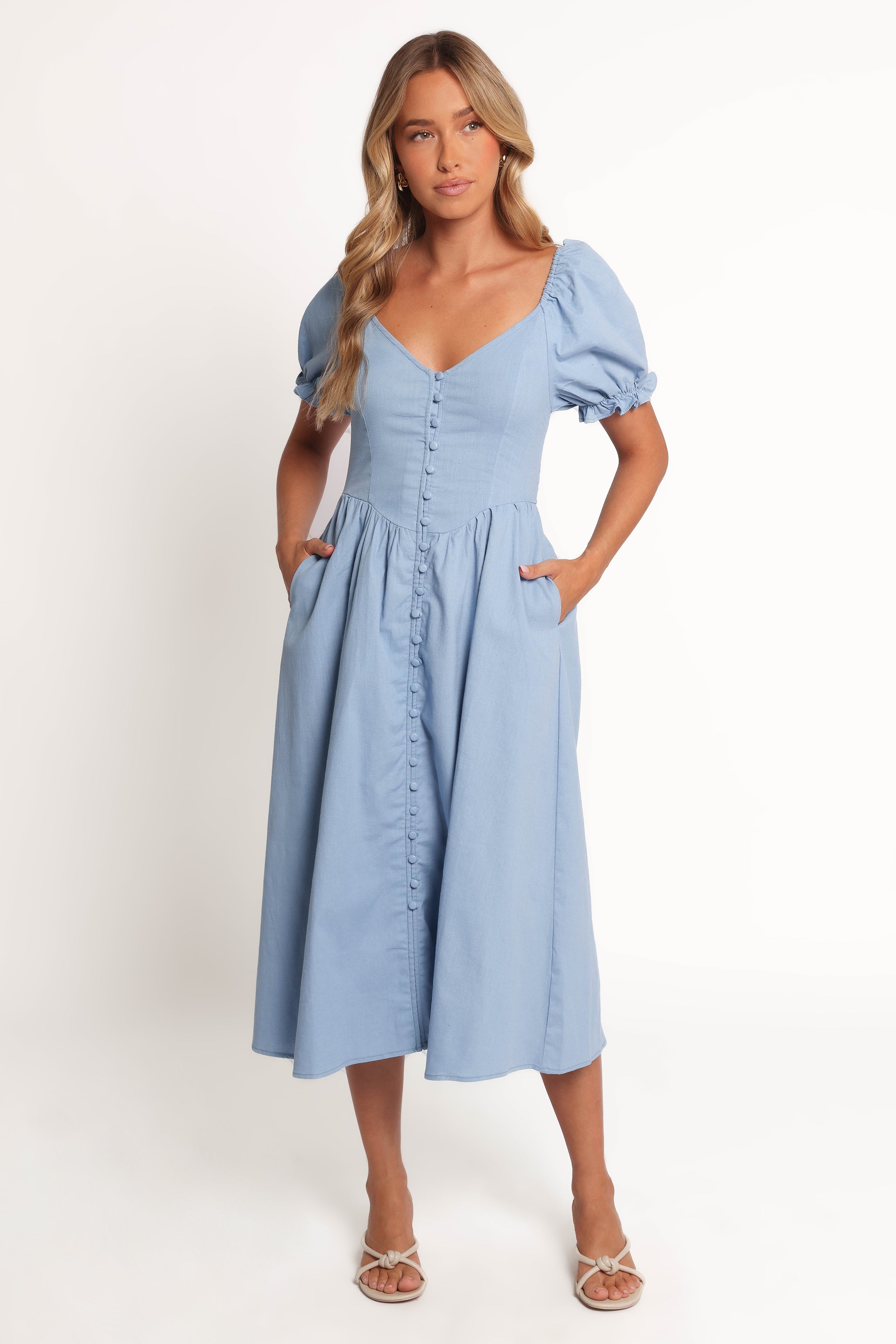 Blue Linen Cotton Serenade Midi Dress with Puff Sleeves & Pockets