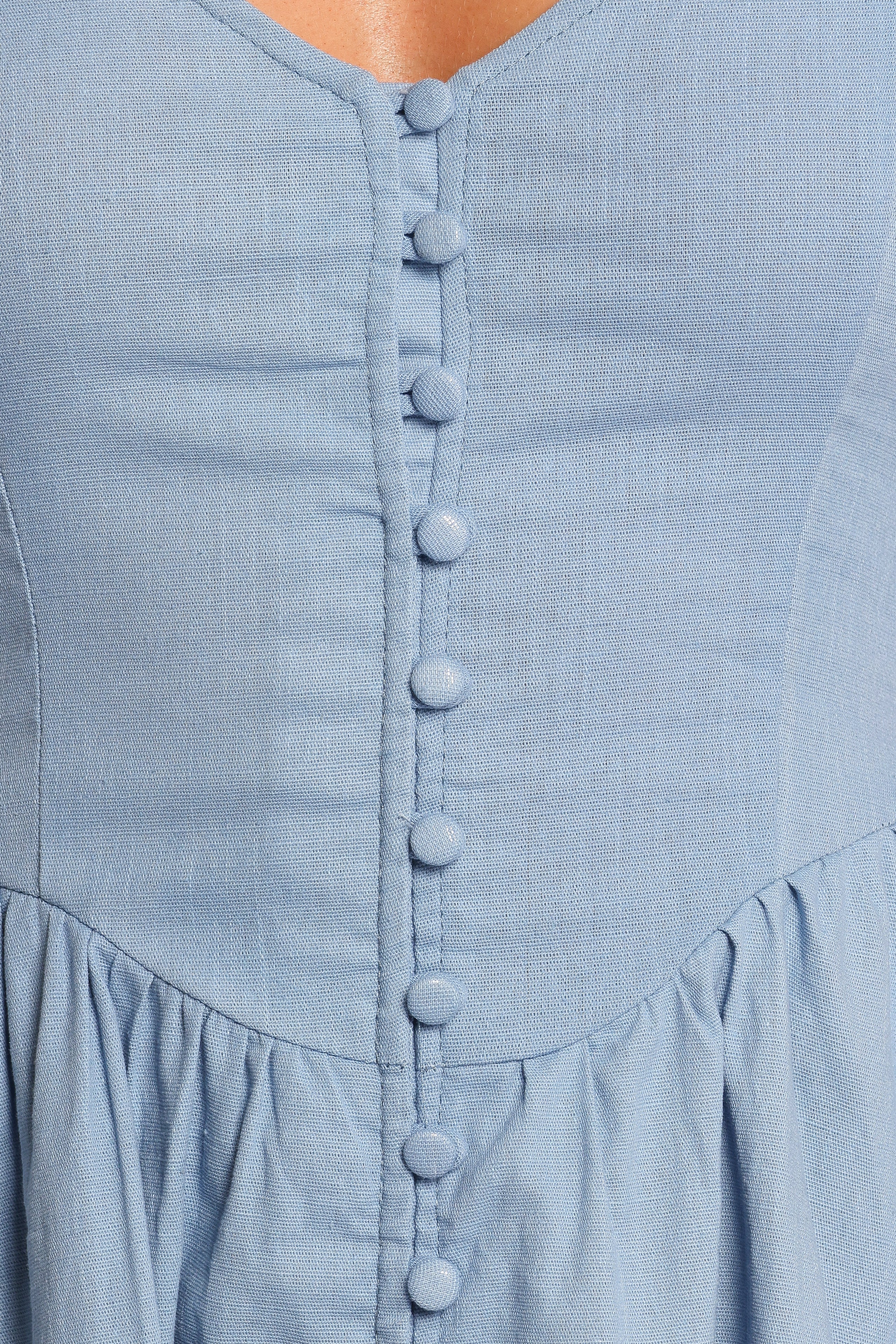 Blue Linen Cotton Serenade Midi Dress with Puff Sleeves & Pockets