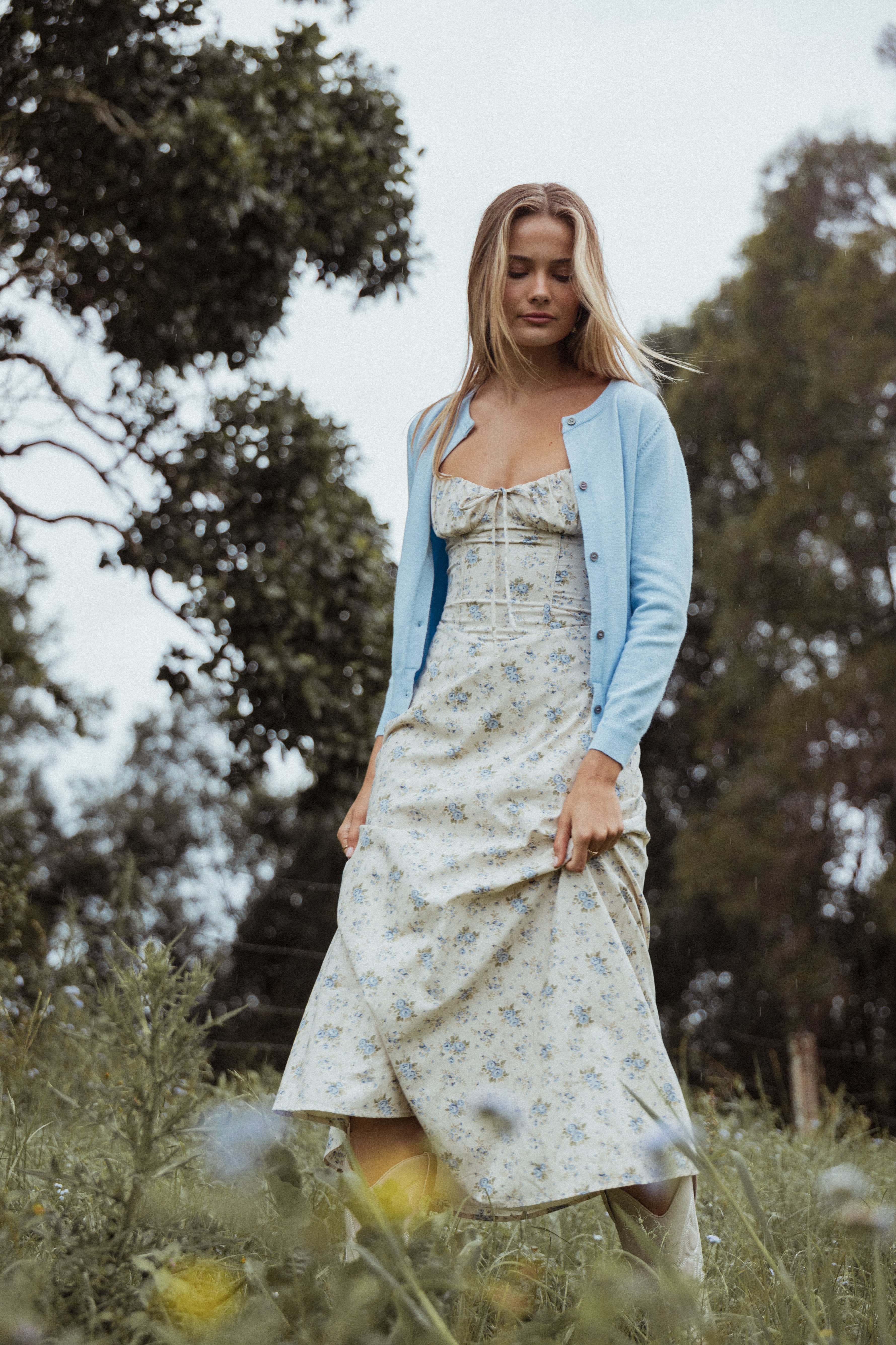 Blue Floral Maxi Dress with Sweetheart Neckline & Corset Back - Tiarna