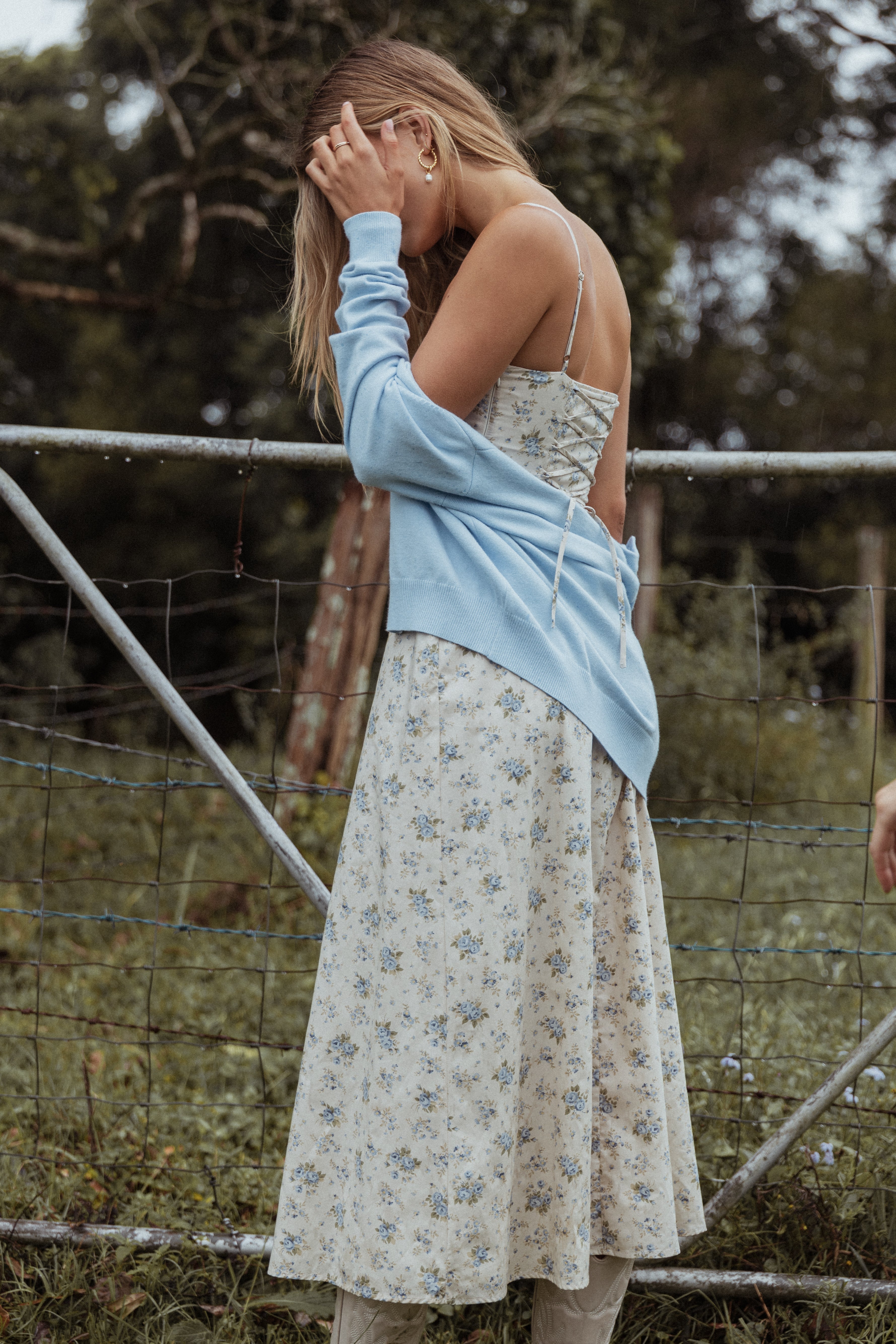 Blue Floral Maxi Dress with Sweetheart Neckline & Corset Back - Tiarna