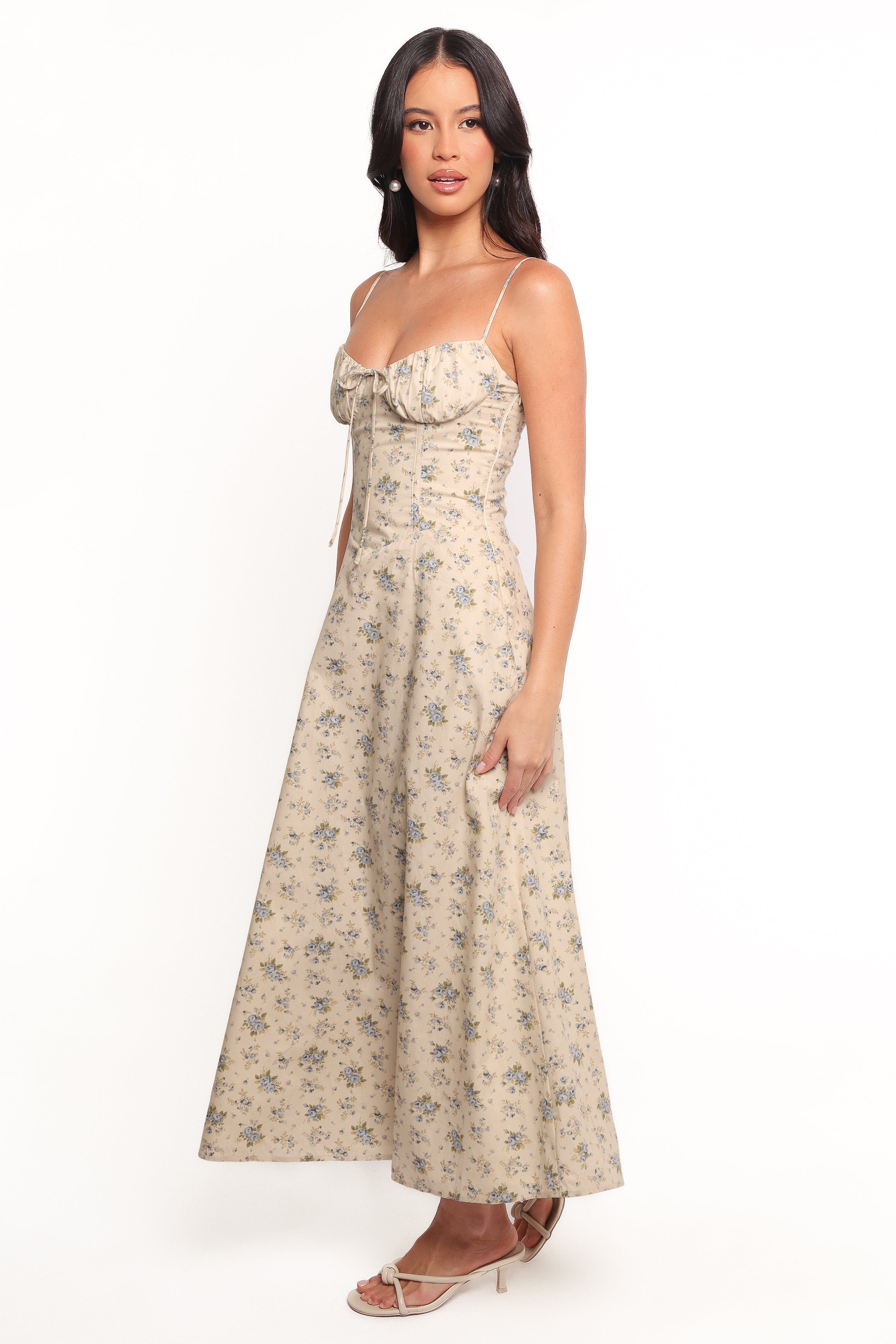 Blue Floral Maxi Dress with Sweetheart Neckline & Corset Back - Tiarna
