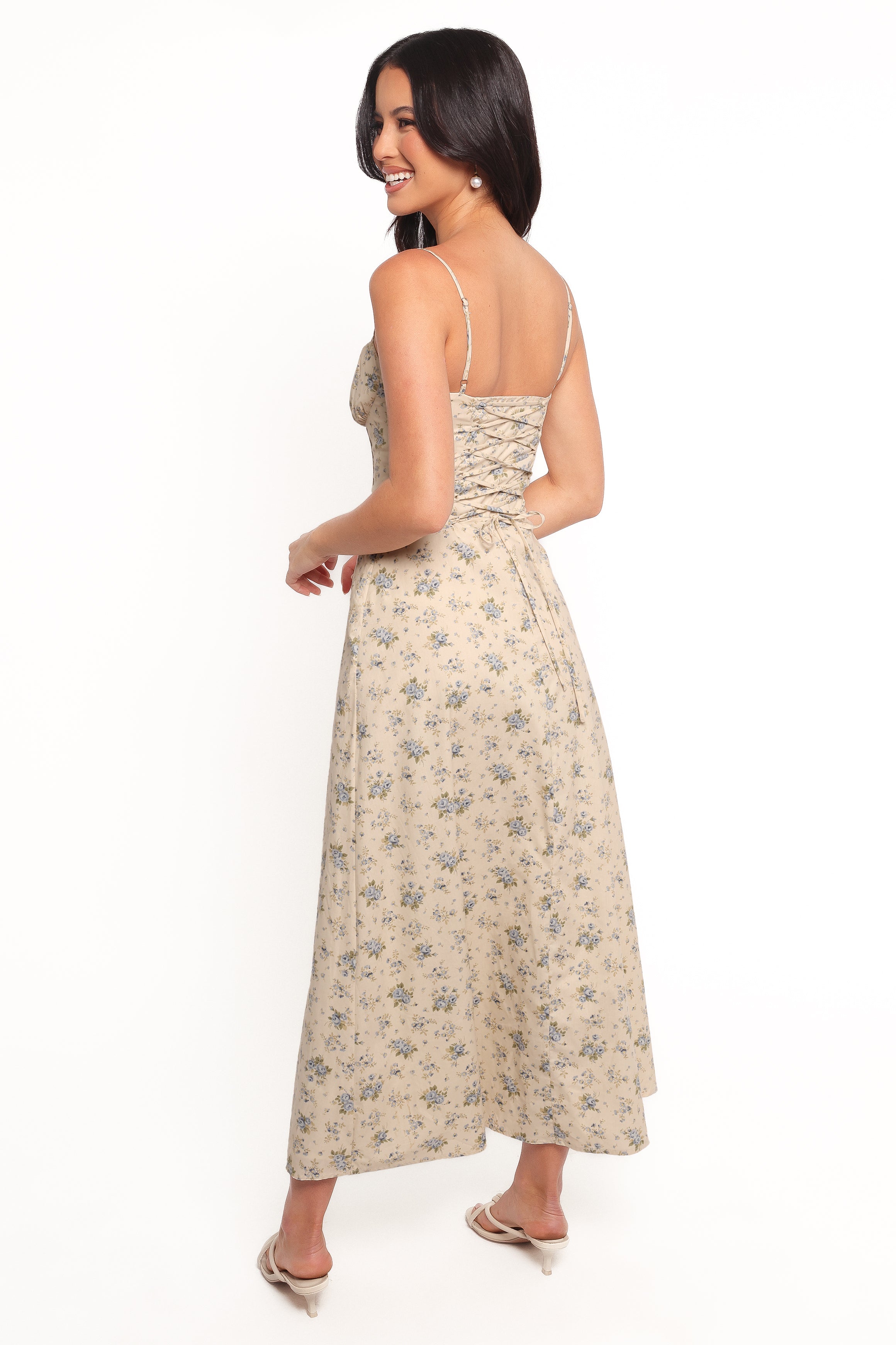 Blue Floral Maxi Dress with Sweetheart Neckline & Corset Back - Tiarna