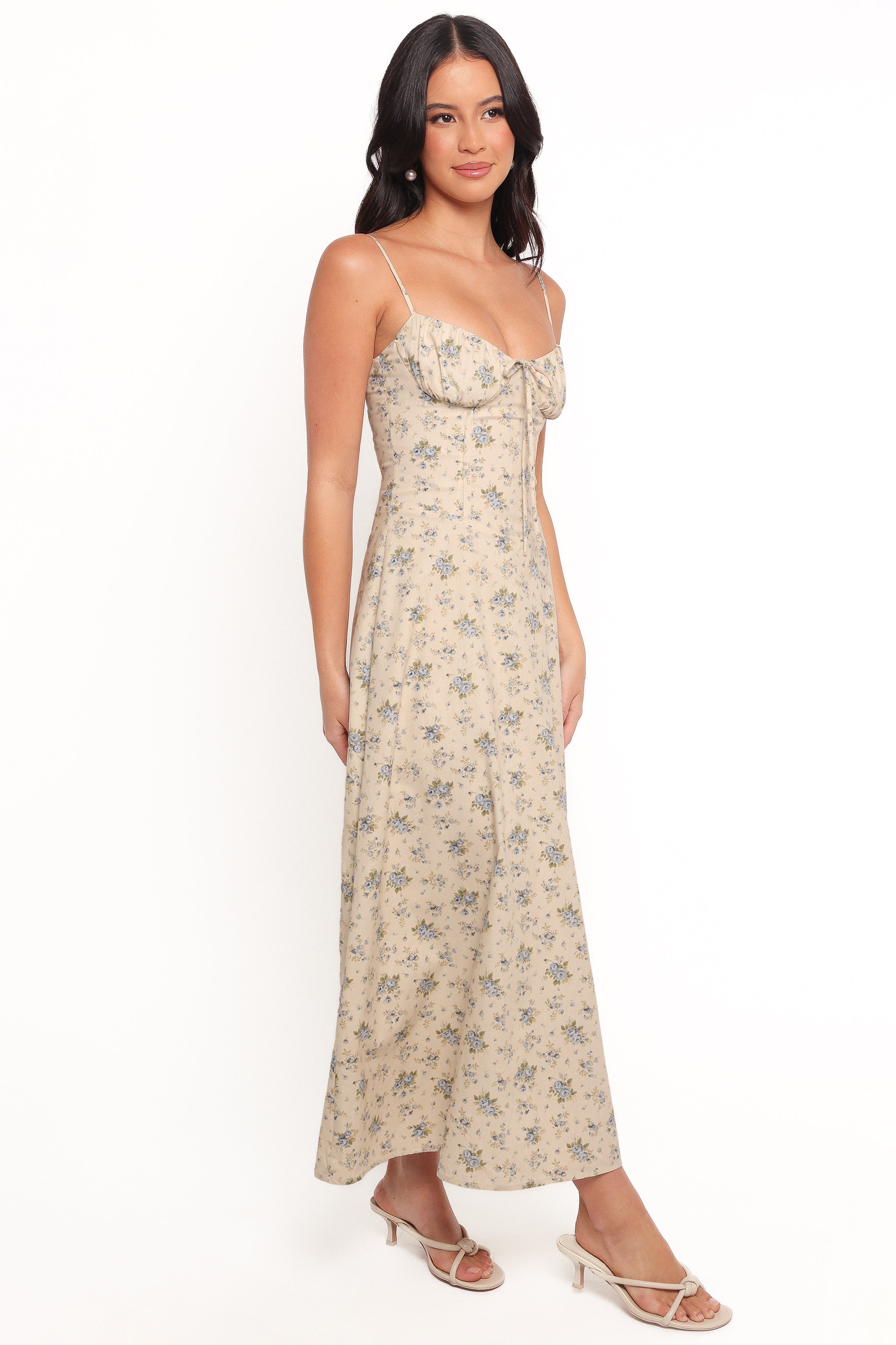 Blue Floral Maxi Dress with Sweetheart Neckline & Corset Back - Tiarna
