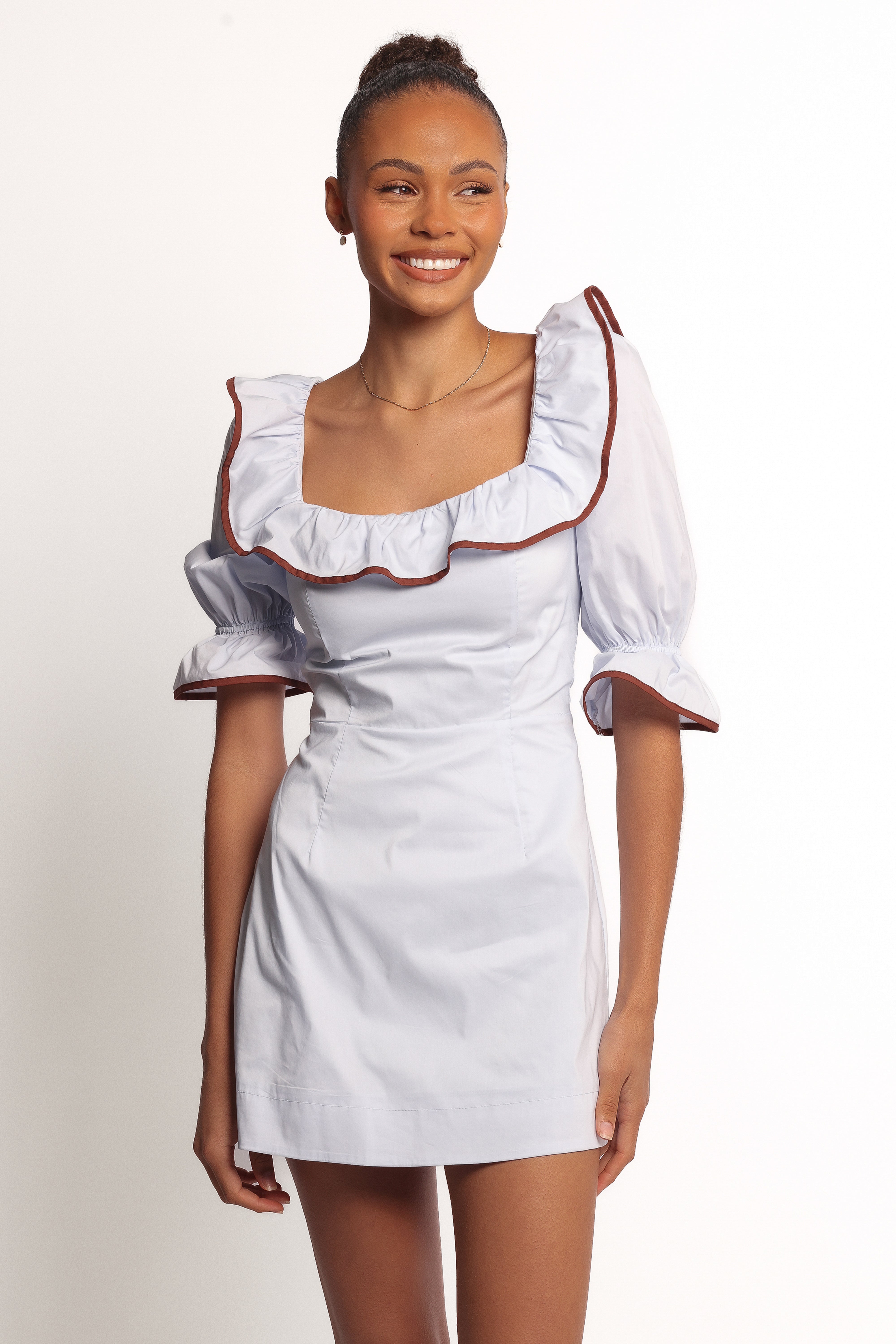 Pale Blue Marilla Mini Dress with Square Neckline & Ruffles