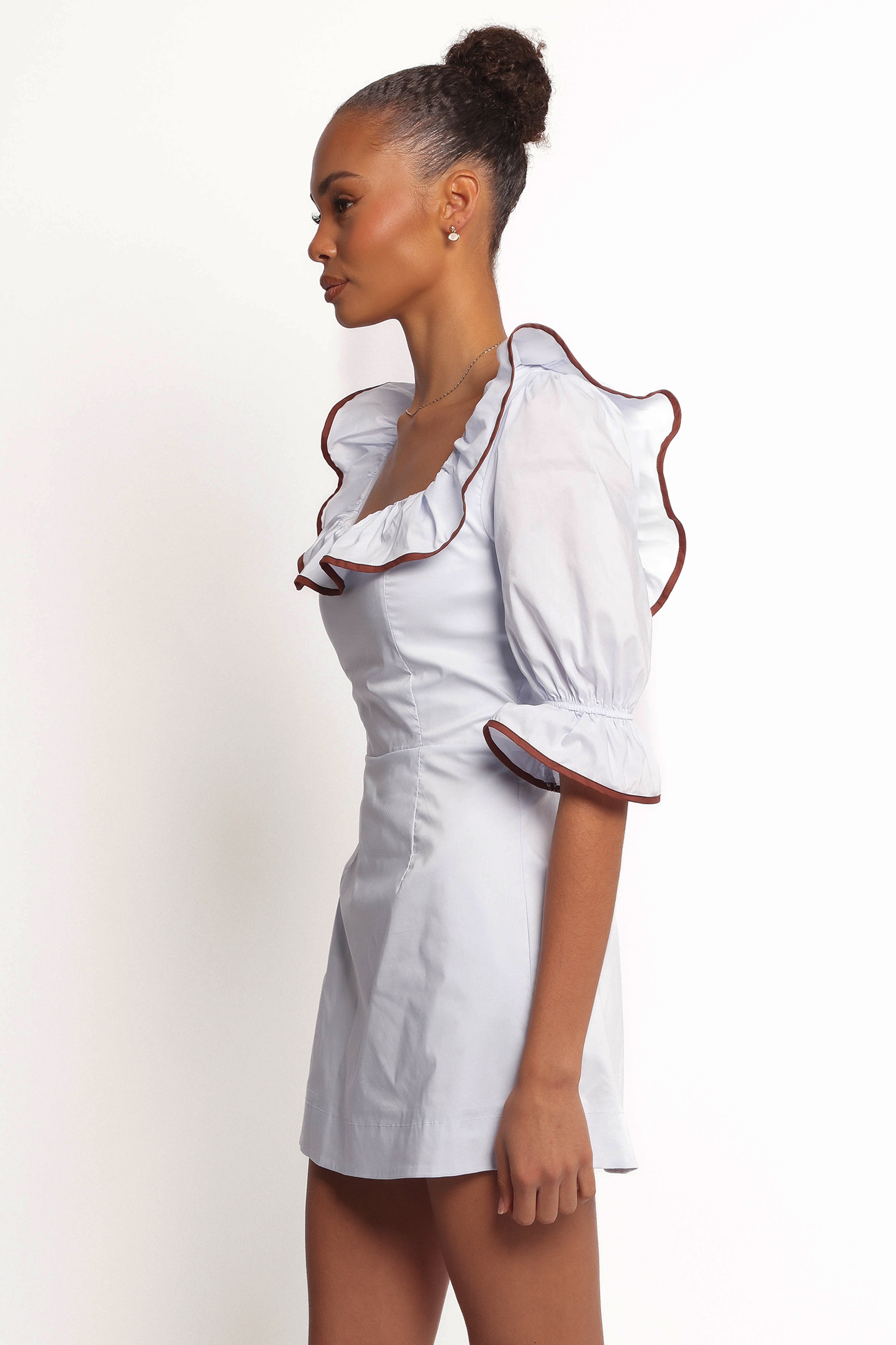 Pale Blue Marilla Mini Dress with Square Neckline & Ruffles