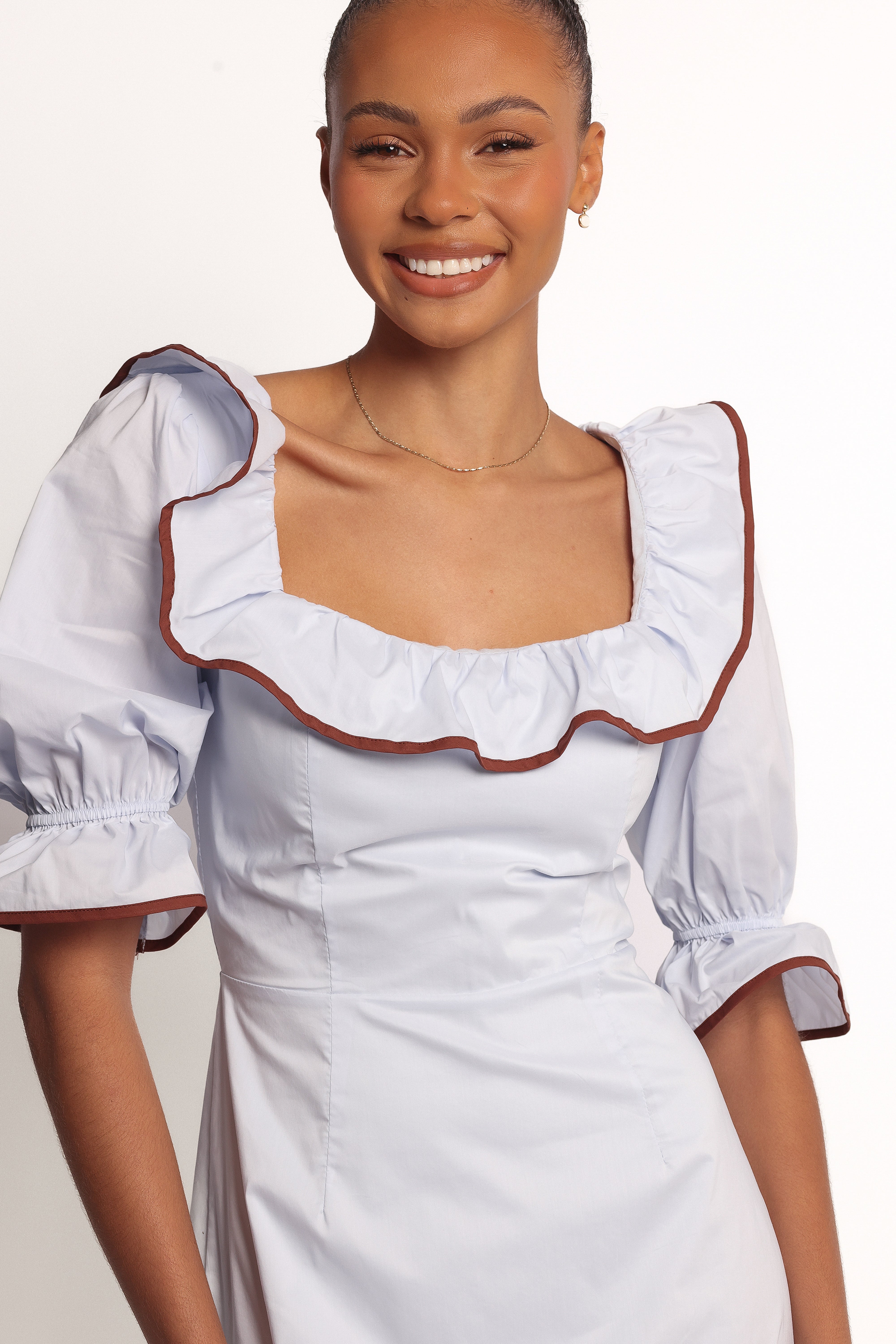Pale Blue Marilla Mini Dress with Square Neckline & Ruffles