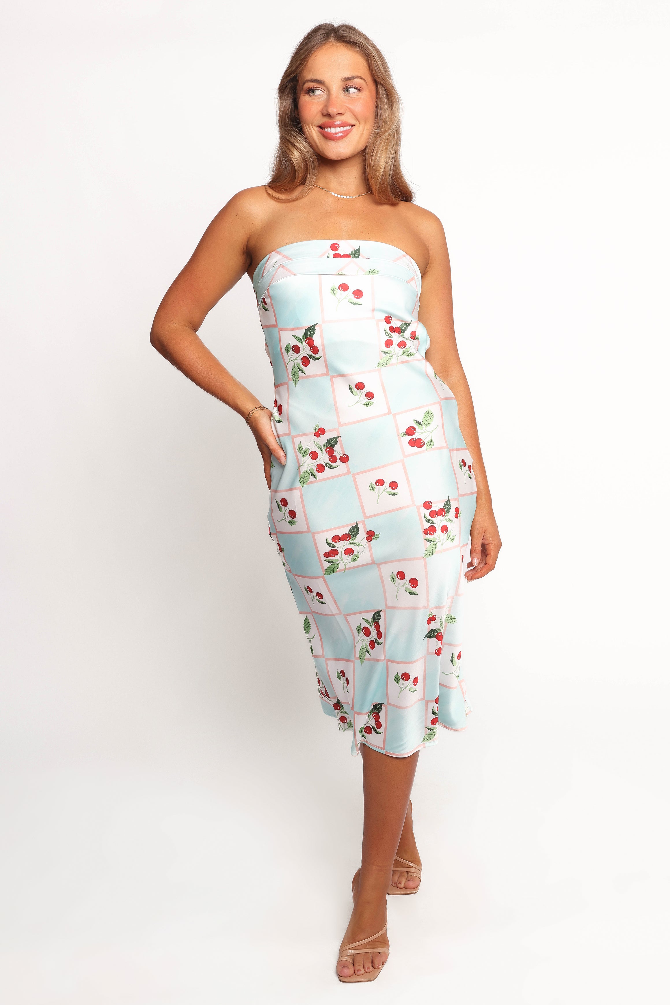 Benton Cherry Print Strapless Satin Midi Dress