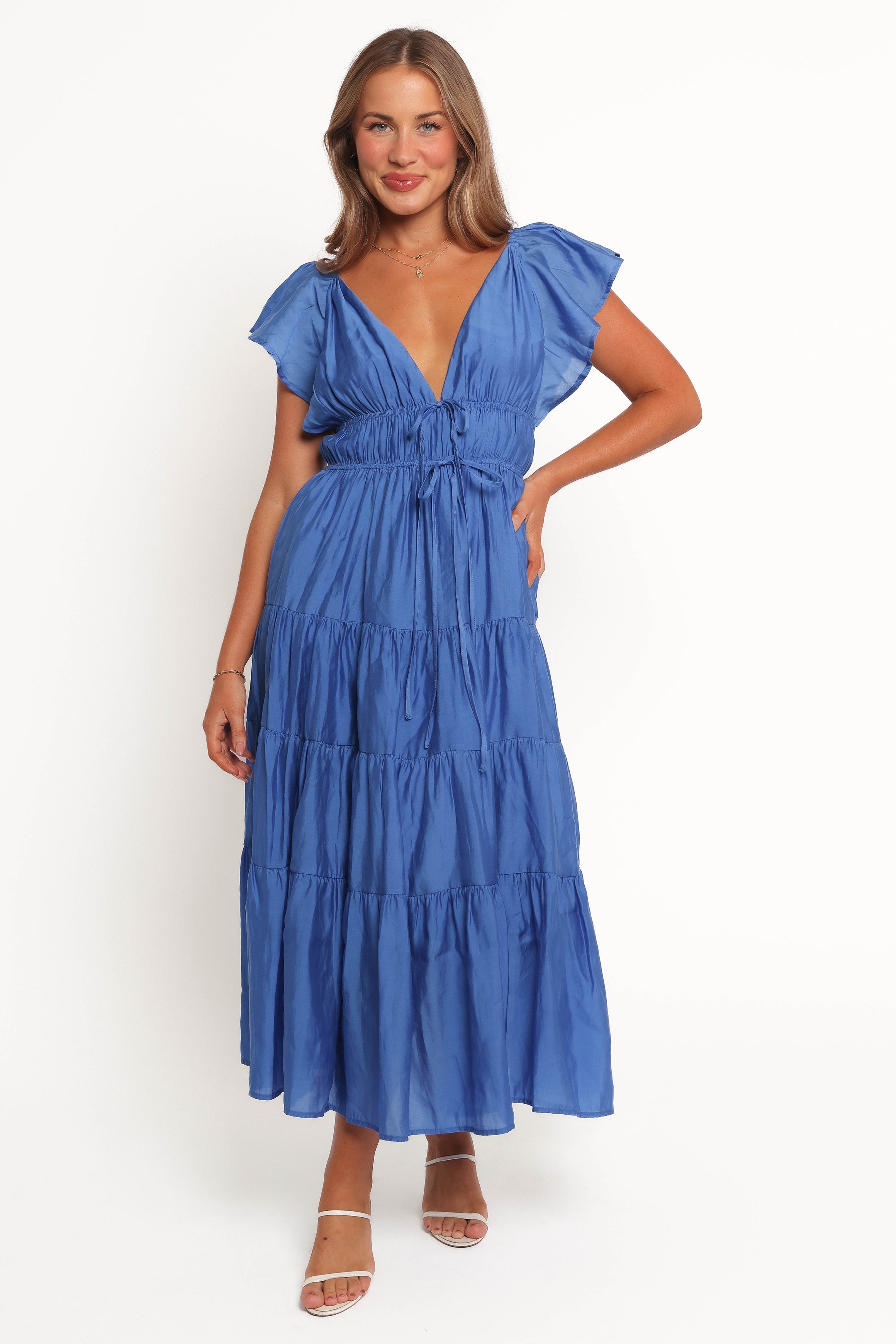 Elowen Cobalt Blue V-Neck Midi Dress with Pockets