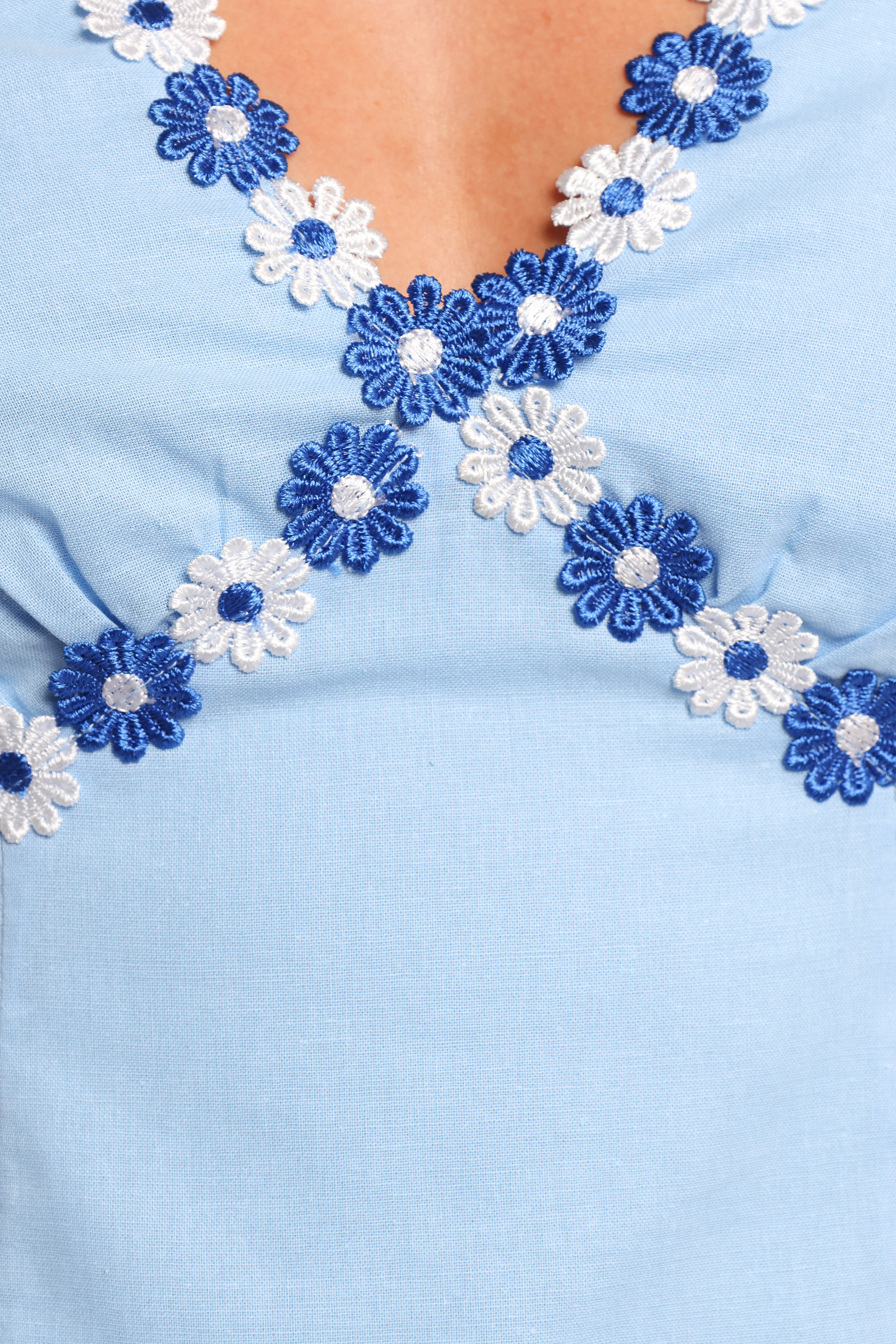 Blue V-Neck Mini Dress with Floral Chain Trim - Rayon Lined