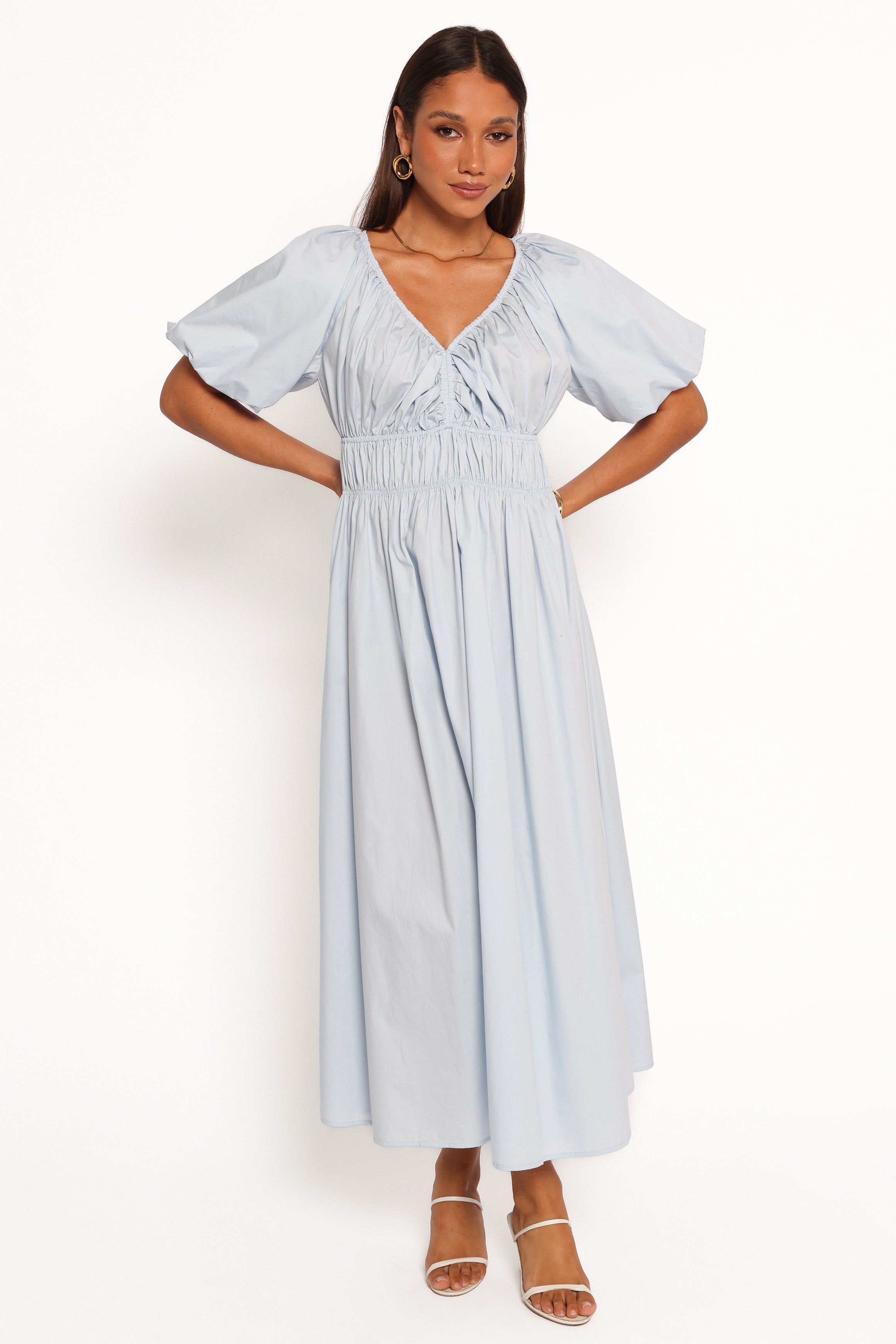 Baby Blue Rozie Cotton Midi Dress with V-Neck & Puff Sleeves