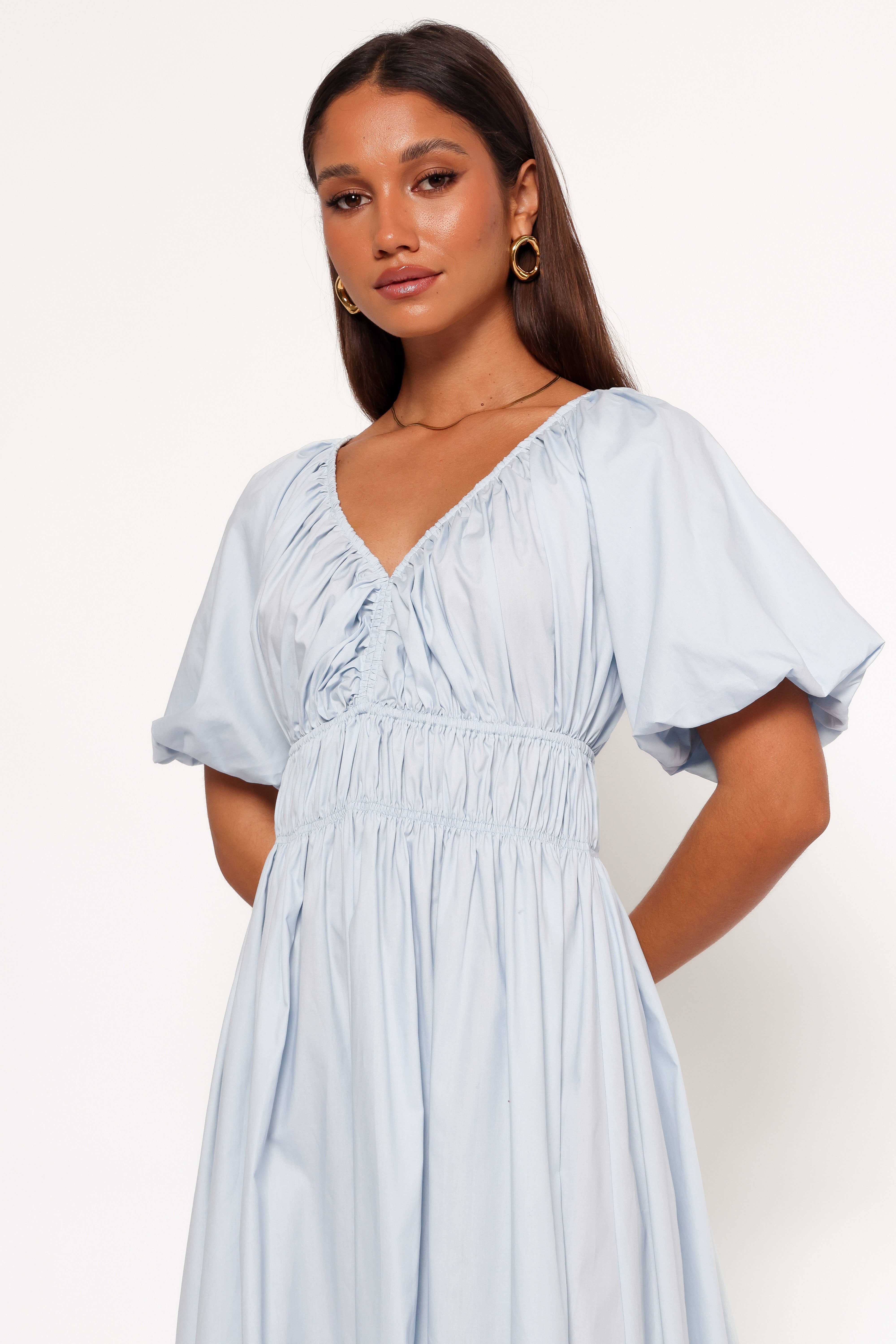 Baby Blue Rozie Cotton Midi Dress with V-Neck & Puff Sleeves