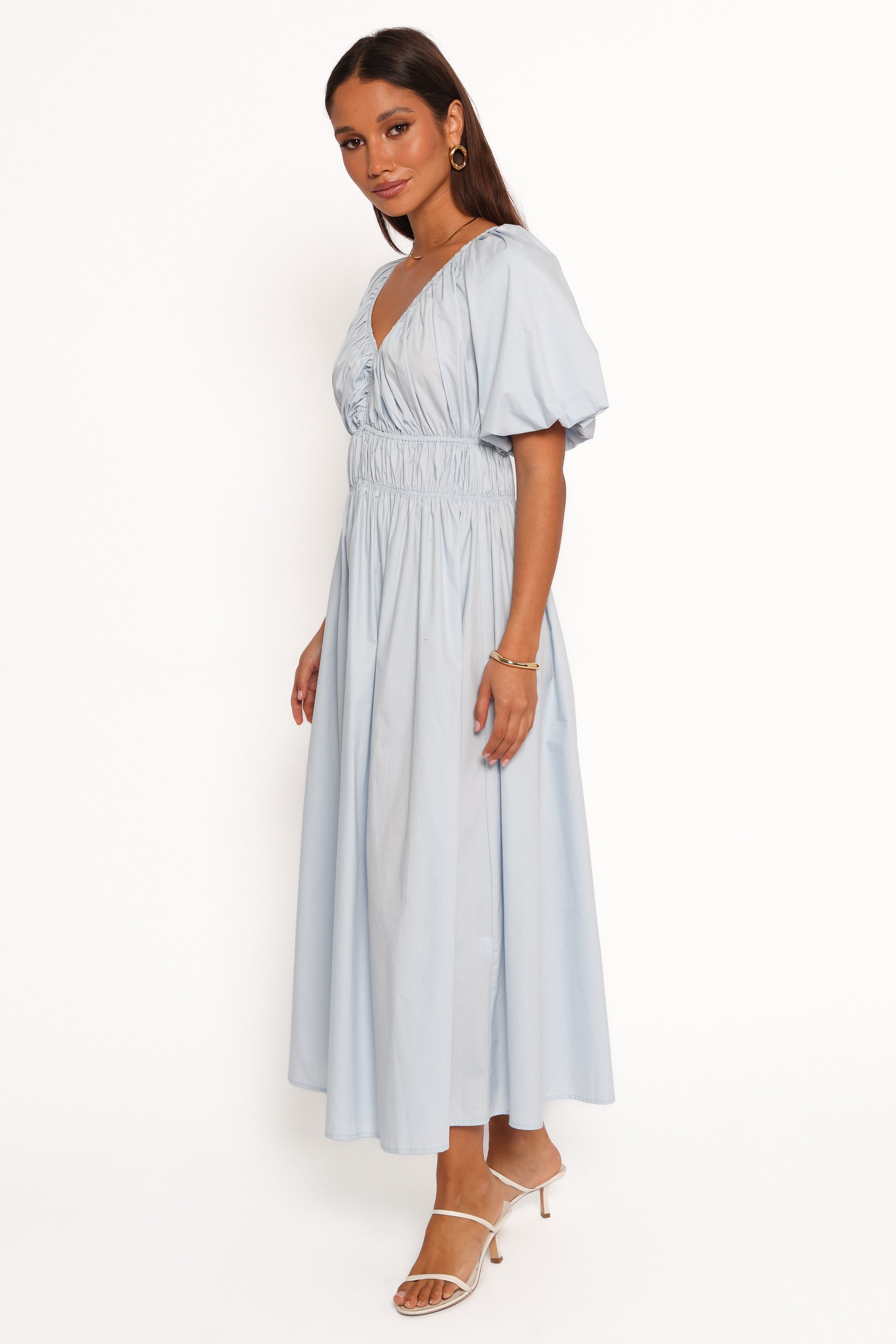 Baby Blue Rozie Cotton Midi Dress with V-Neck & Puff Sleeves