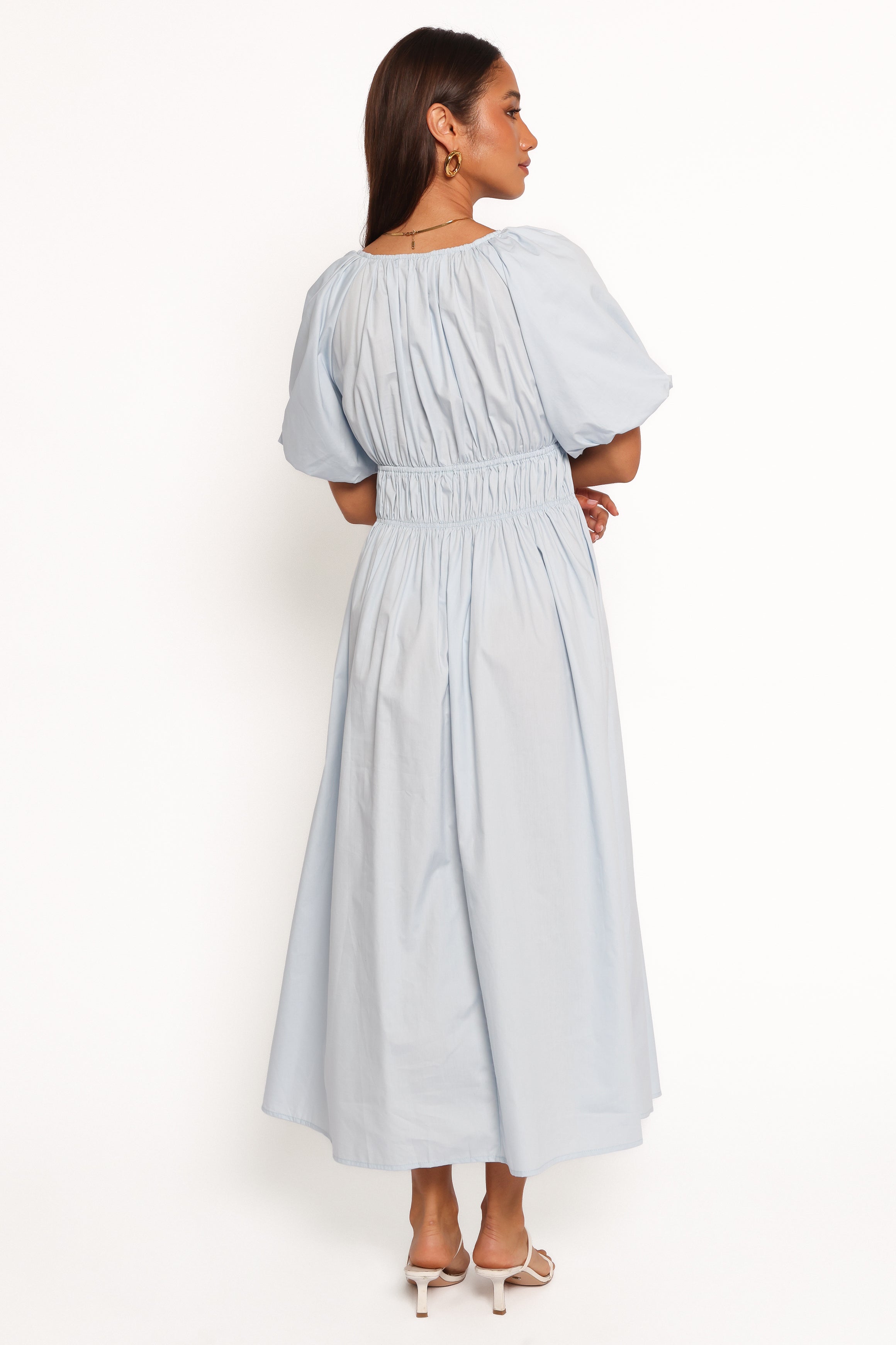 Baby Blue Rozie Cotton Midi Dress with V-Neck & Puff Sleeves
