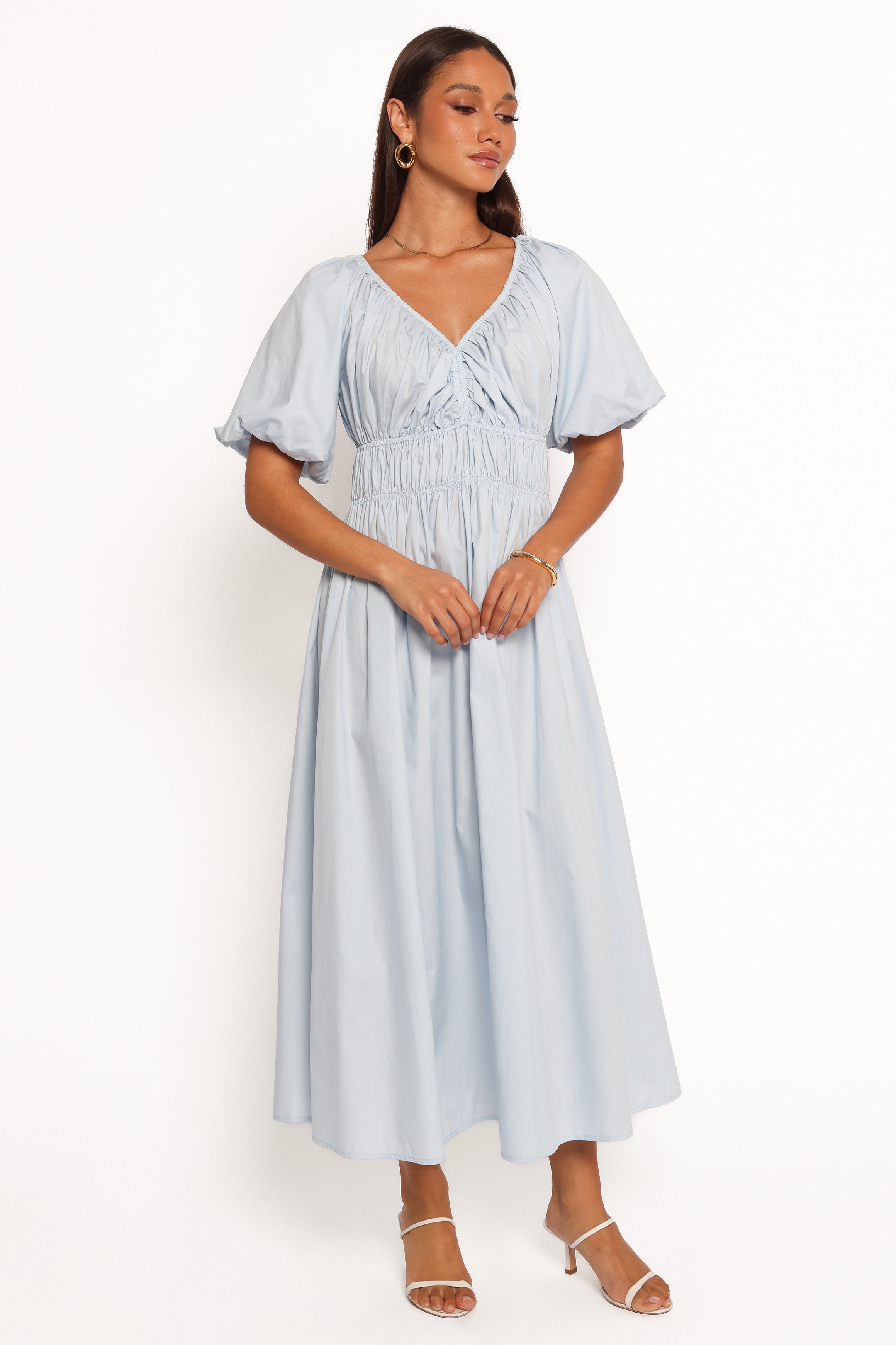 Baby Blue Rozie Cotton Midi Dress with V-Neck & Puff Sleeves