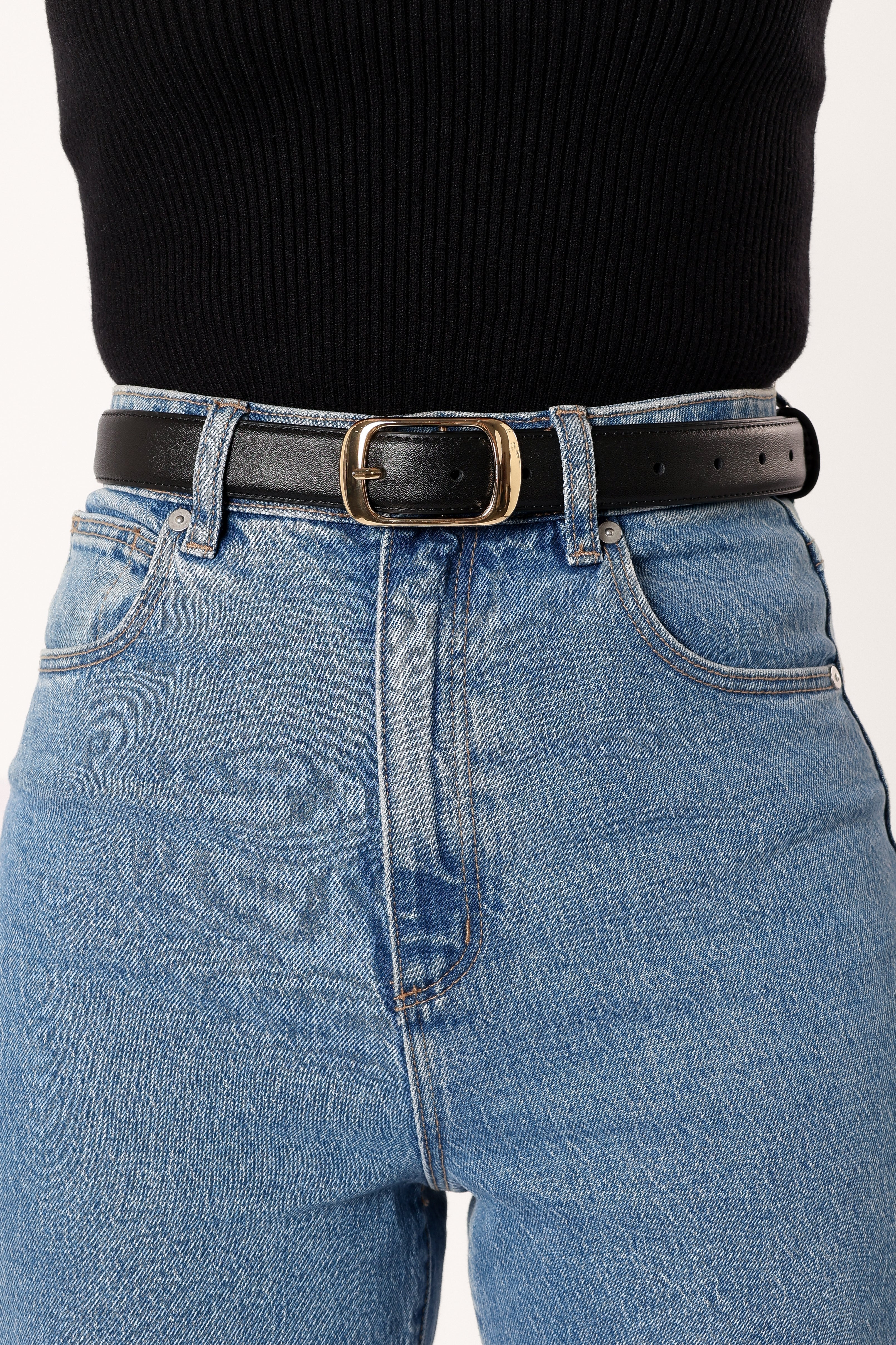 Black Faux Leather Belt with Gold Buckle - Adjustable Classic Strap