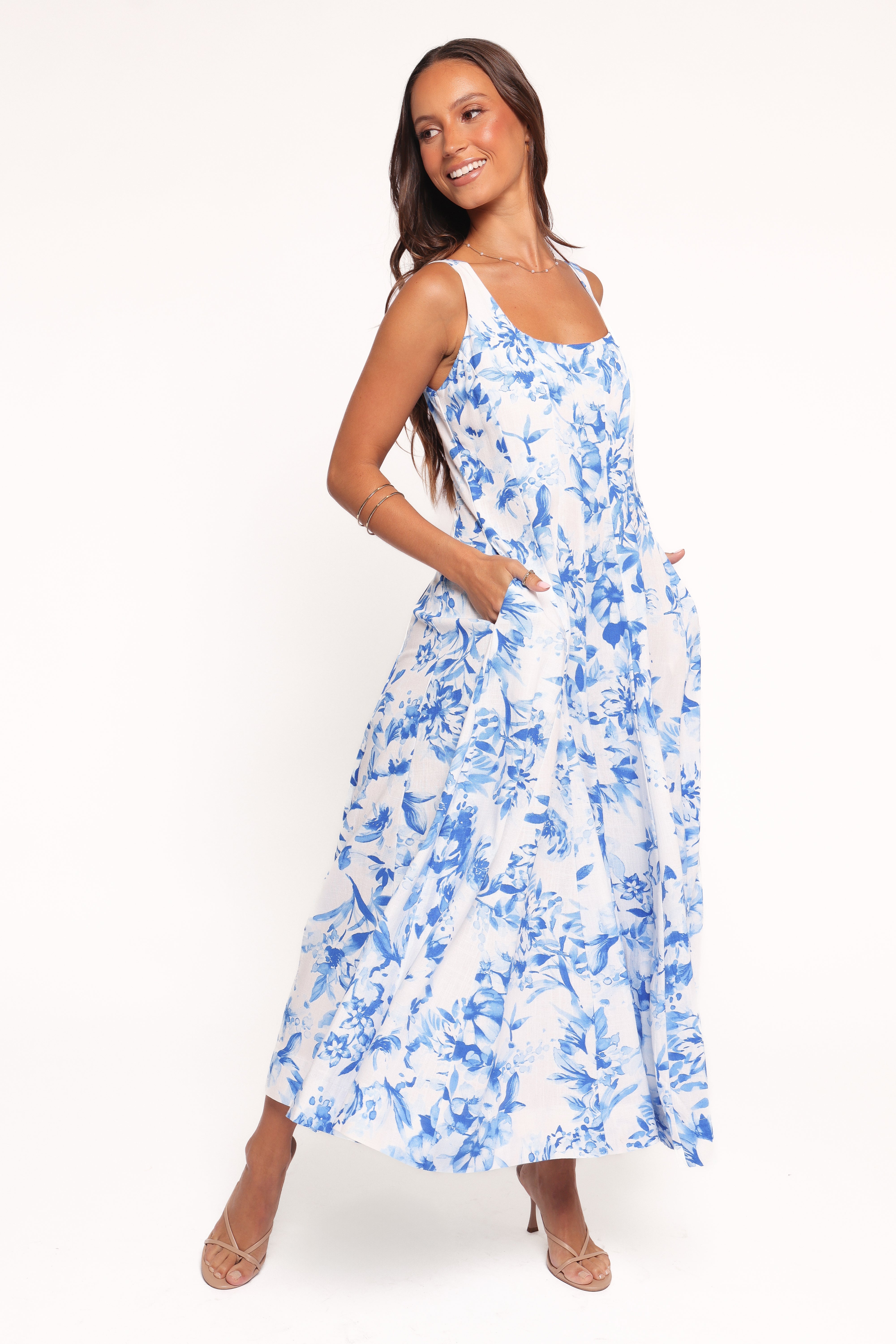 Lowen Blue Floral Midi Dress with Pockets & Square Neckline