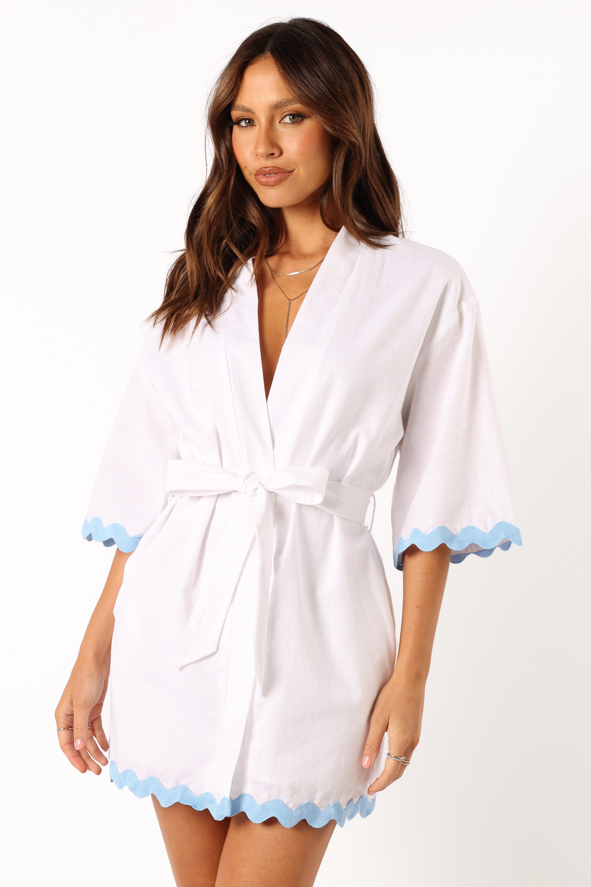 White & Blue Harry Mini Dress with V-Neck & Detachable Waist Tie