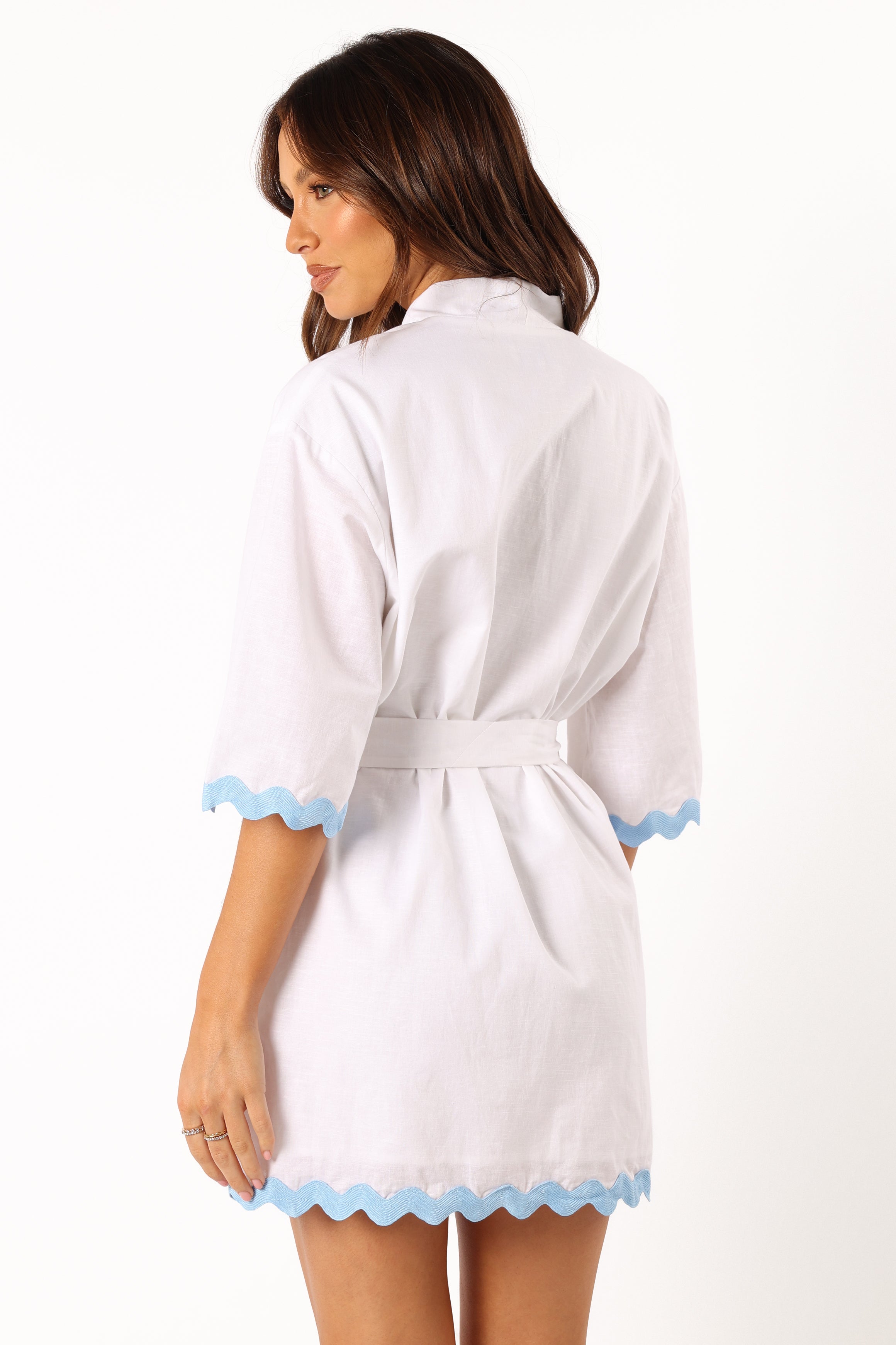 White & Blue Harry Mini Dress with V-Neck & Detachable Waist Tie