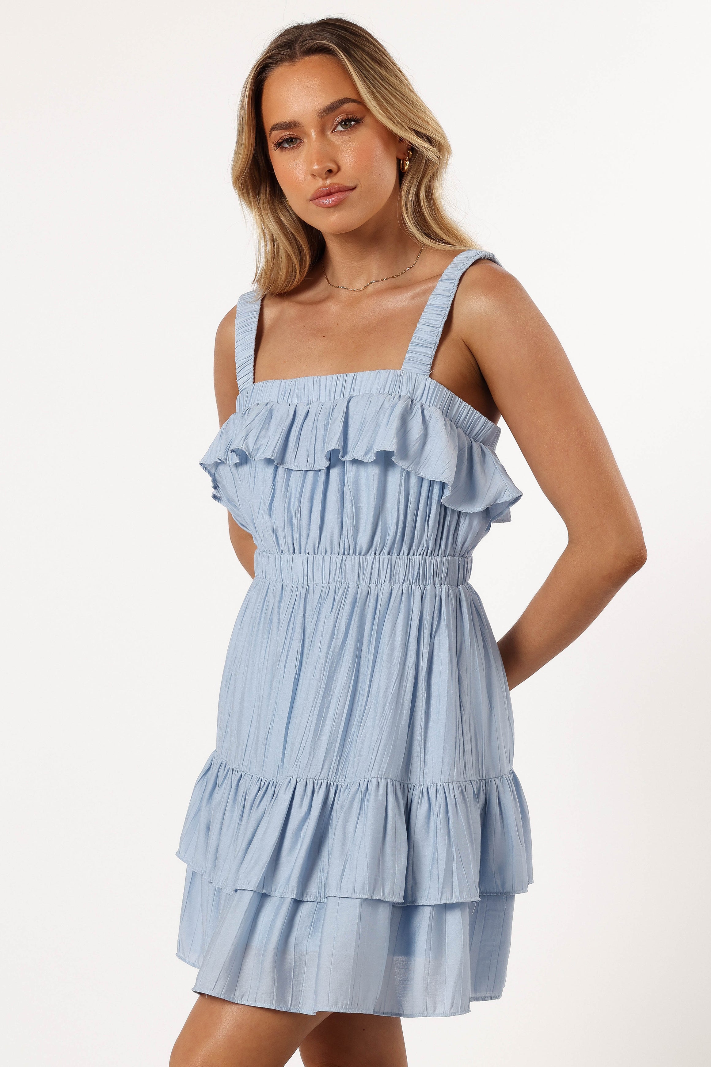 Blue Mini Ruffle Dress with Square Neckline - Jane