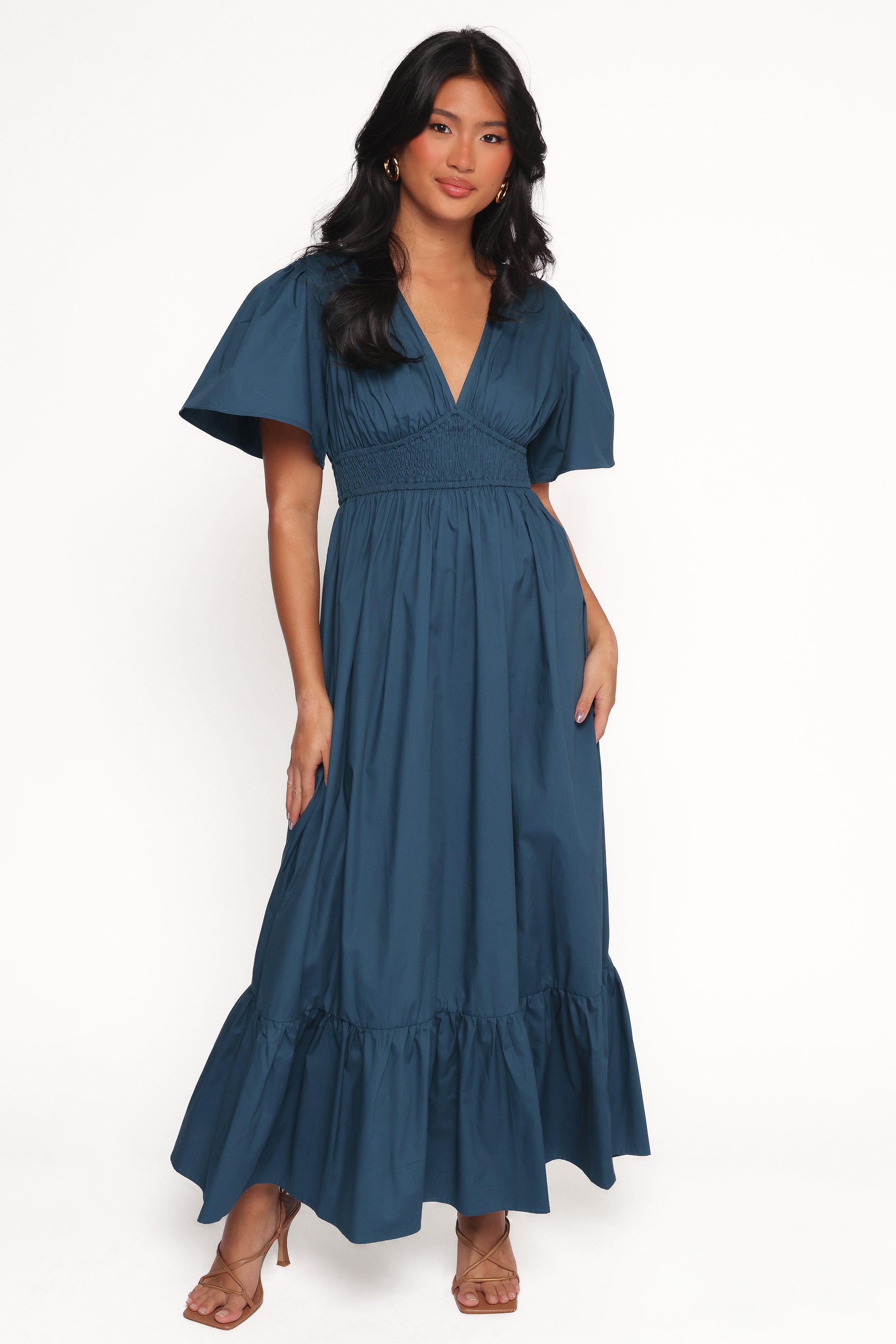 Tessa Blue Cotton Maxi Dress with V-Neck & Elastic Waist