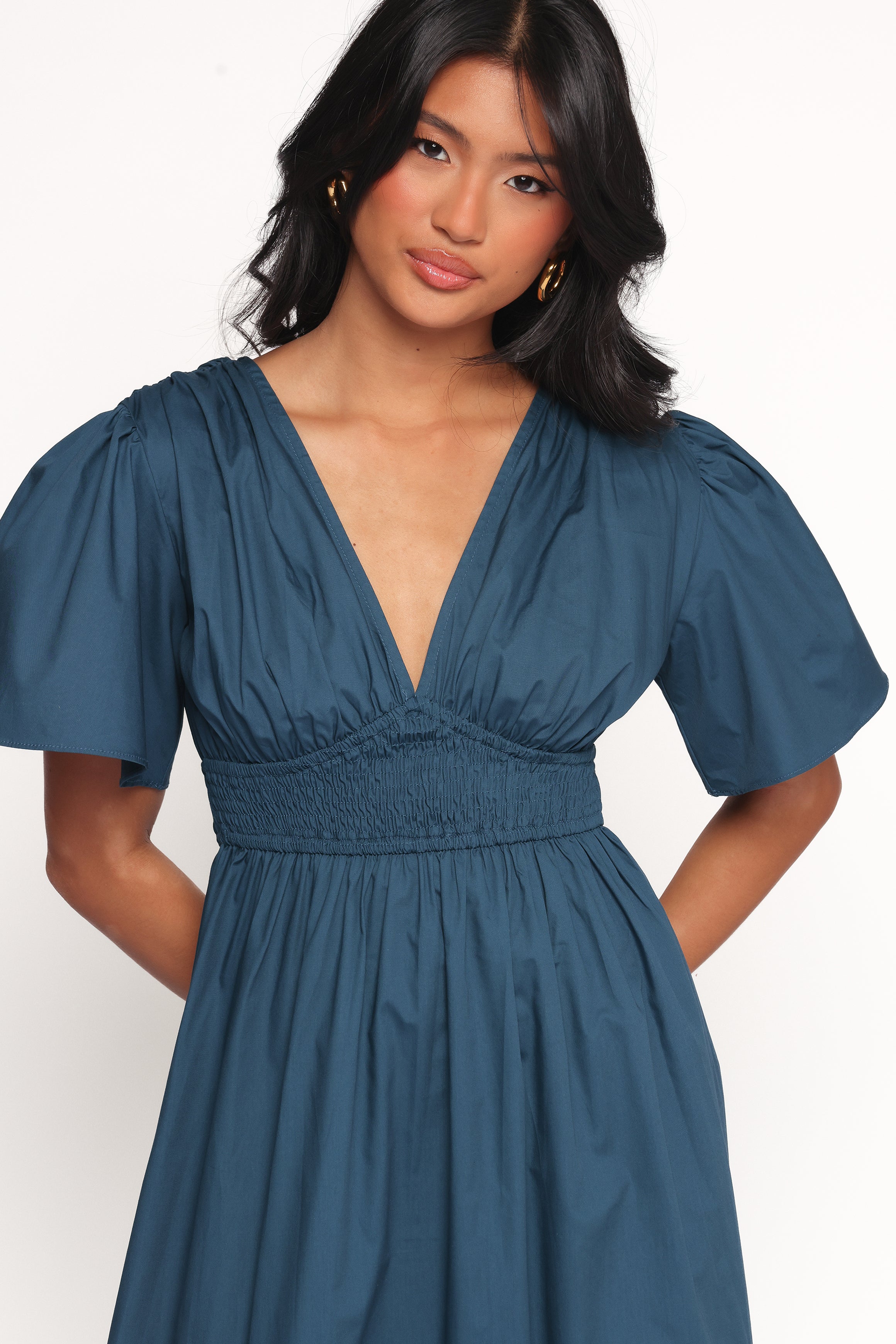 Tessa Blue Cotton Maxi Dress with V-Neck & Elastic Waist
