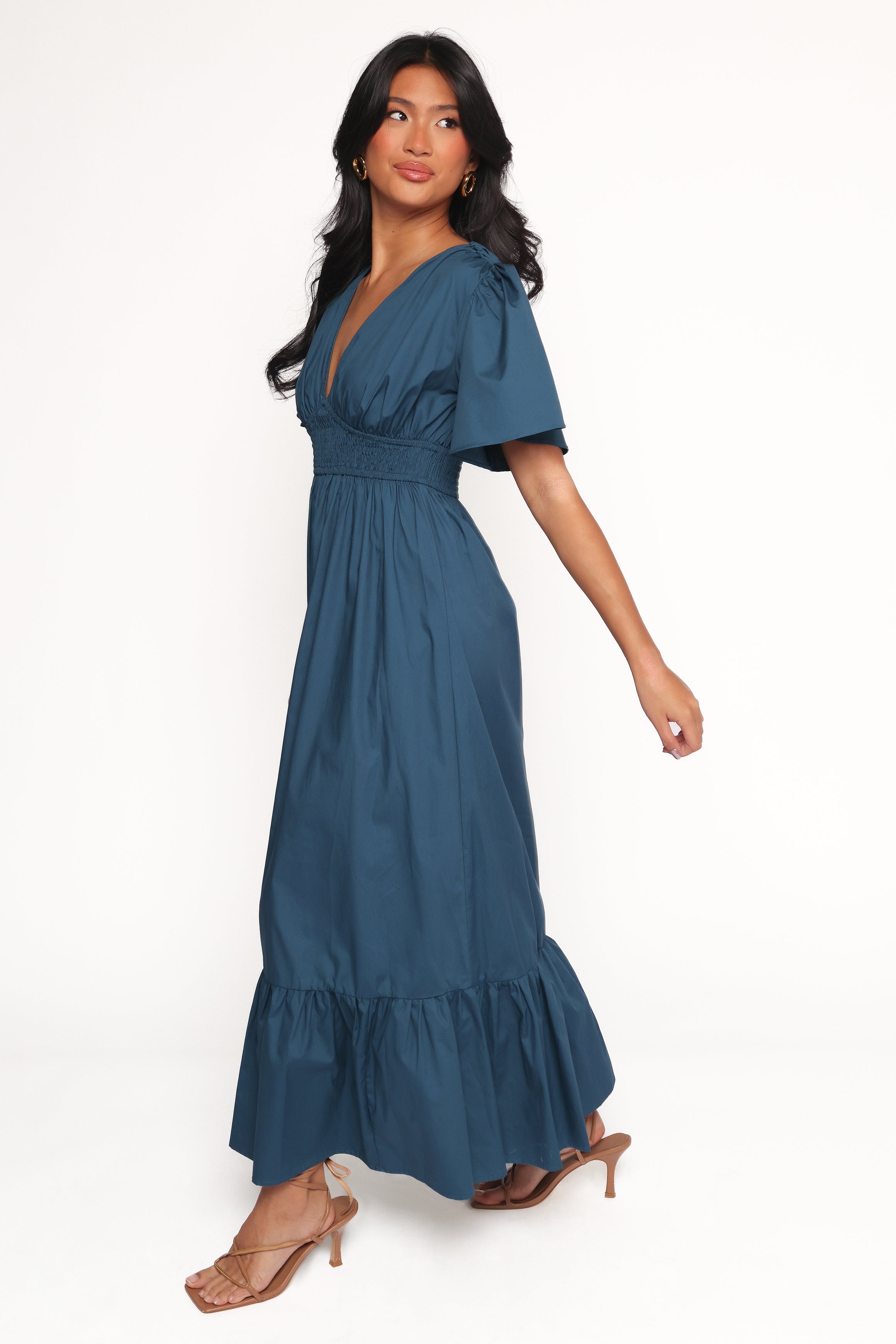 Tessa Blue Cotton Maxi Dress with V-Neck & Elastic Waist