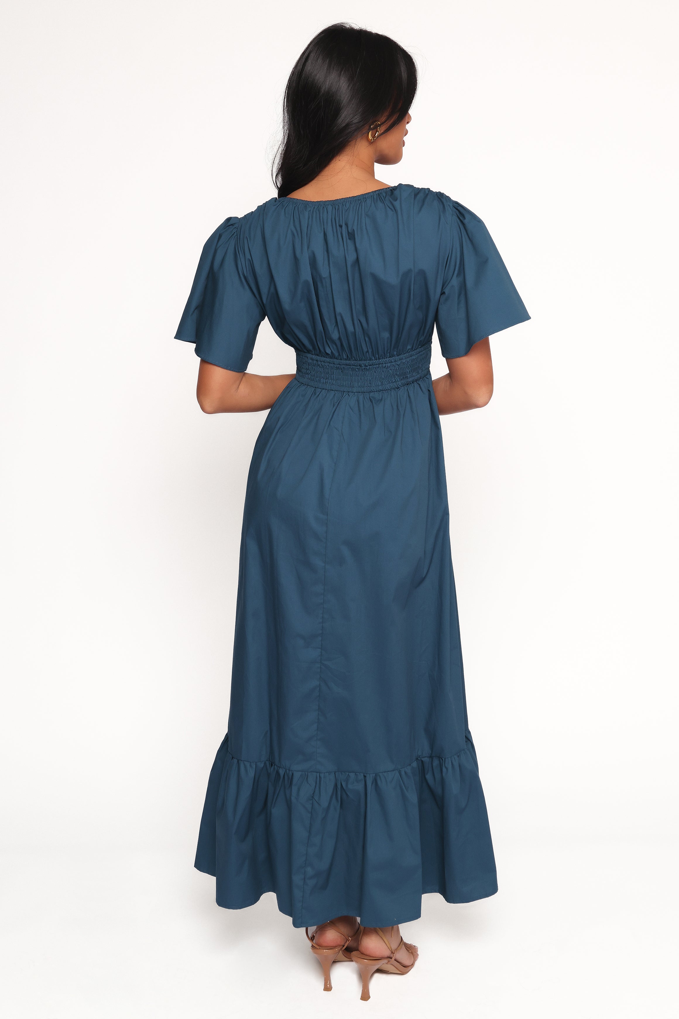 Tessa Blue Cotton Maxi Dress with V-Neck & Elastic Waist