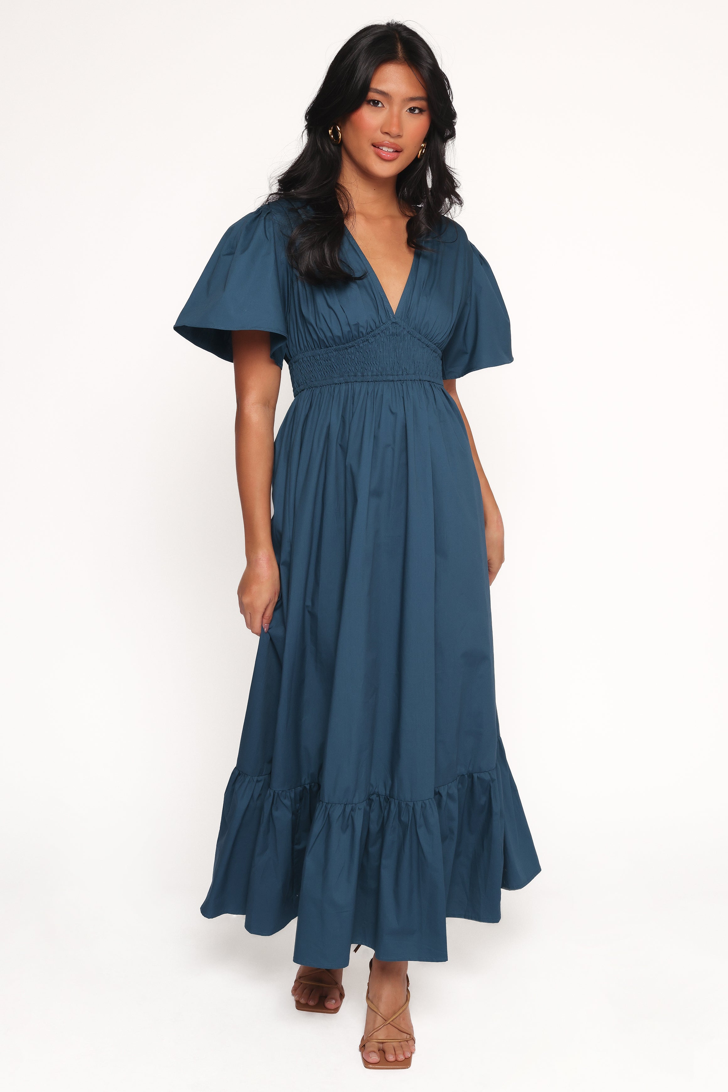 Tessa Blue Cotton Maxi Dress with V-Neck & Elastic Waist