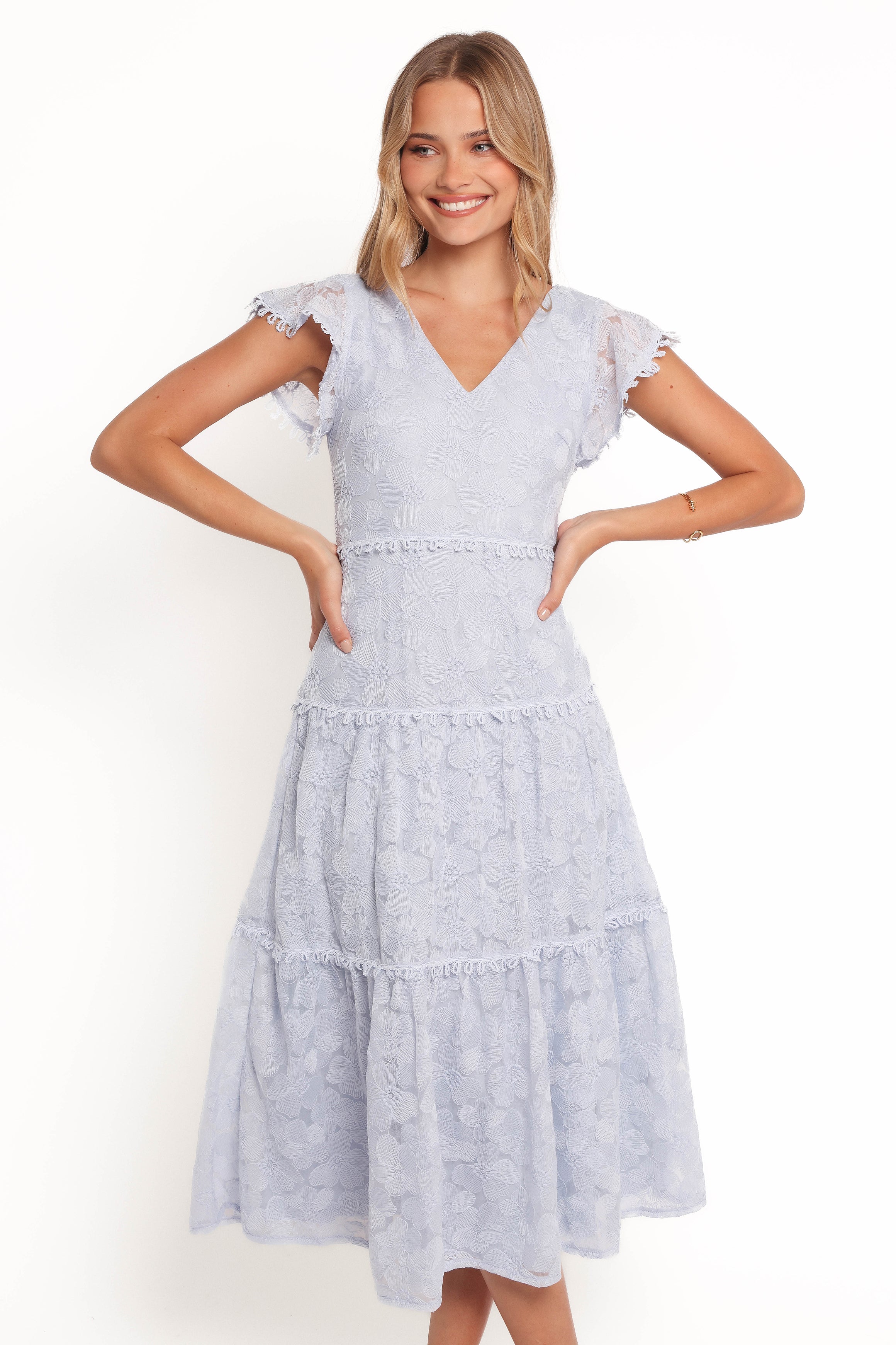 Blue Floral Lace Midi Dress with V-Neck - Asher