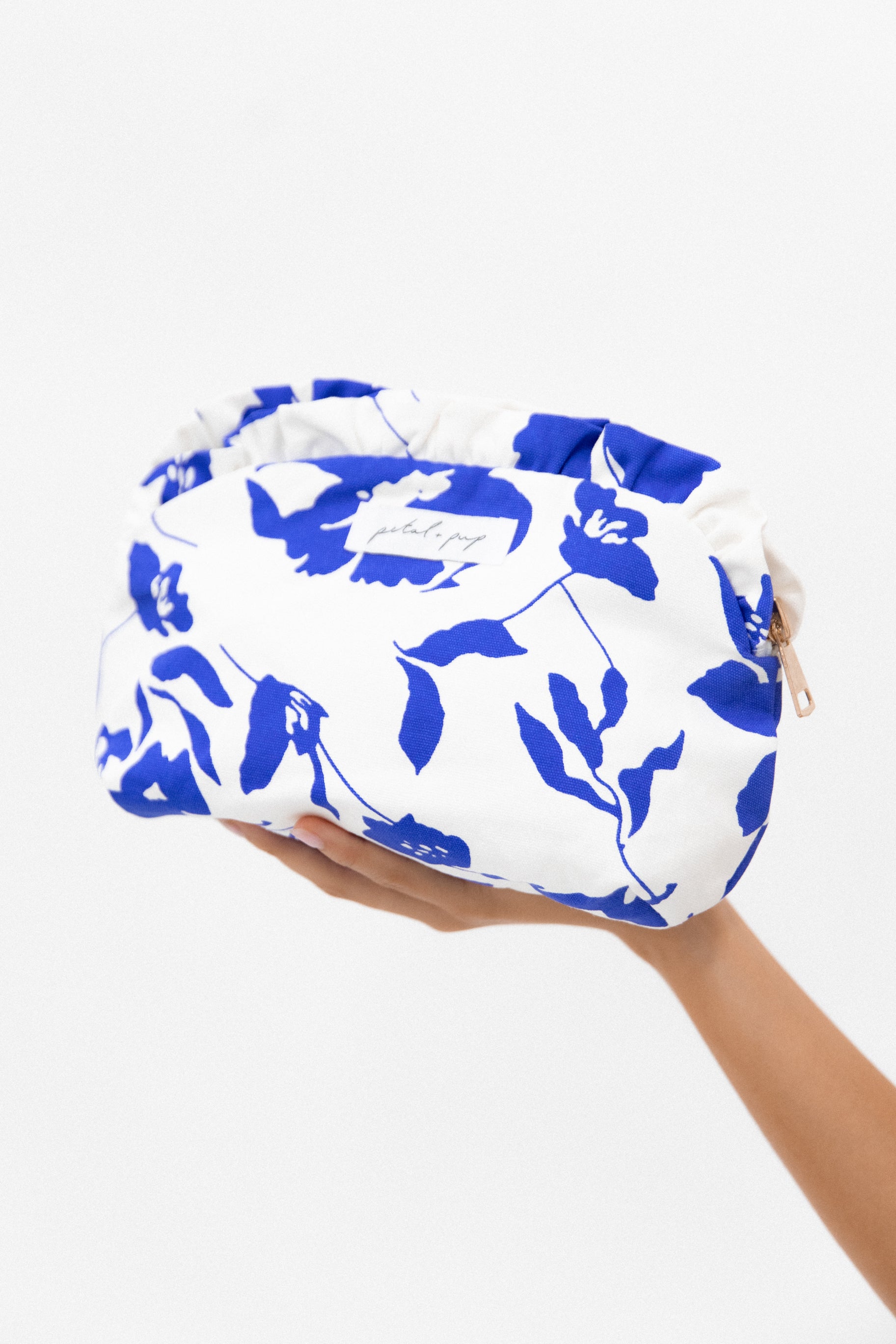 Blue Floral Cosmetic Bag with Zip Top & Frill Detail