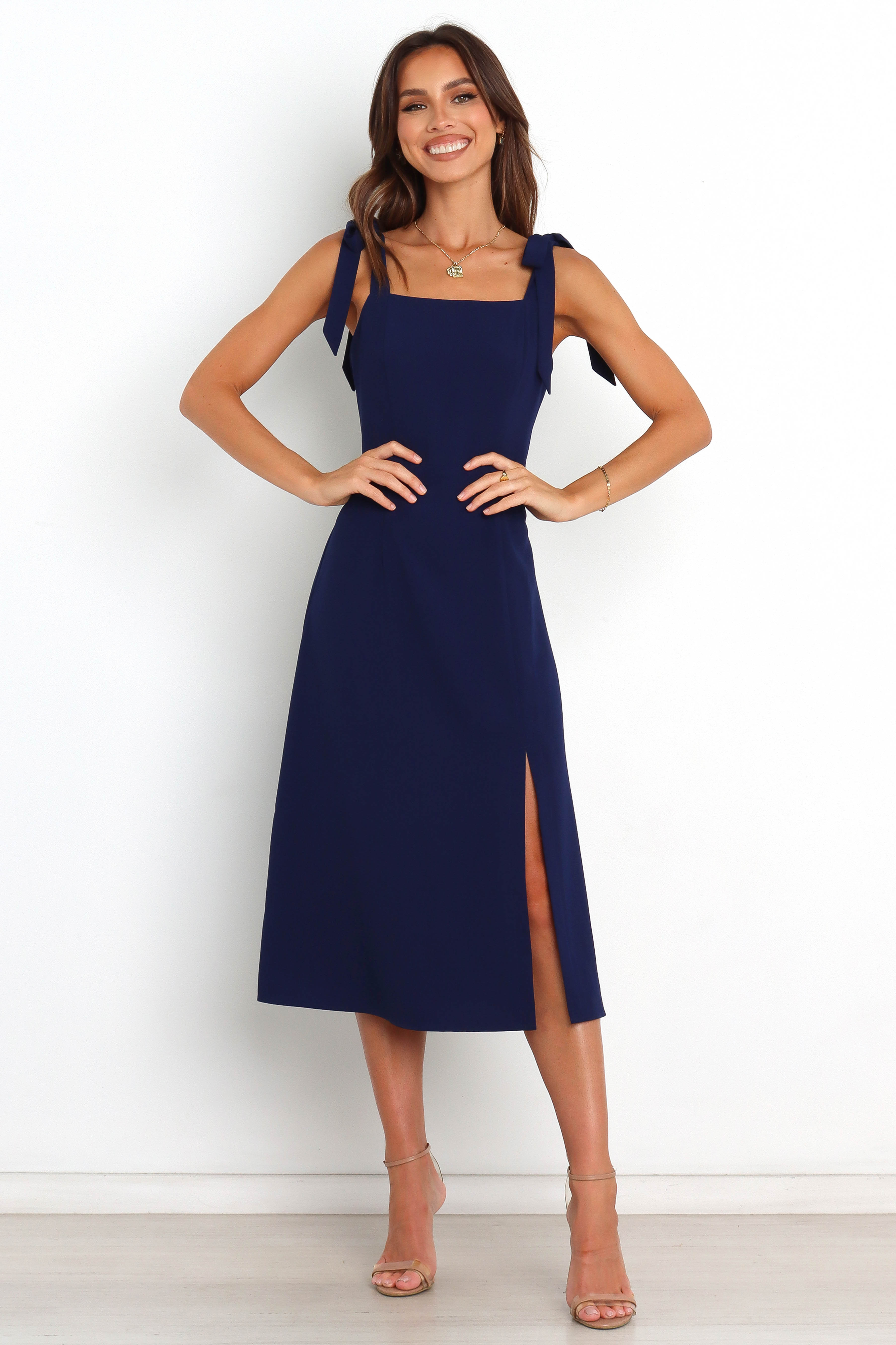 Navy Midi Dress with Shirred Back & Tie Straps - Laurel