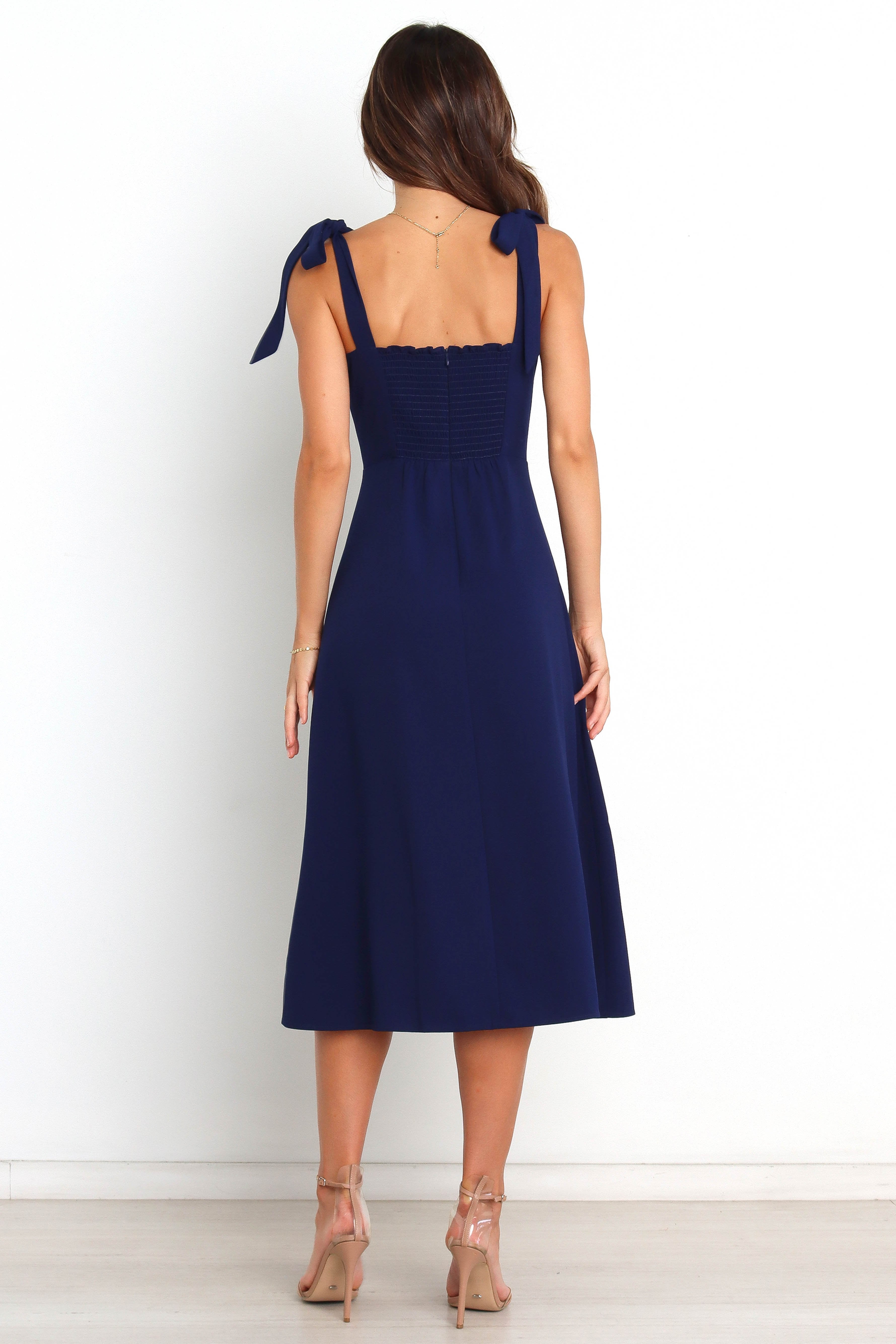 Navy Midi Dress with Shirred Back & Tie Straps - Laurel