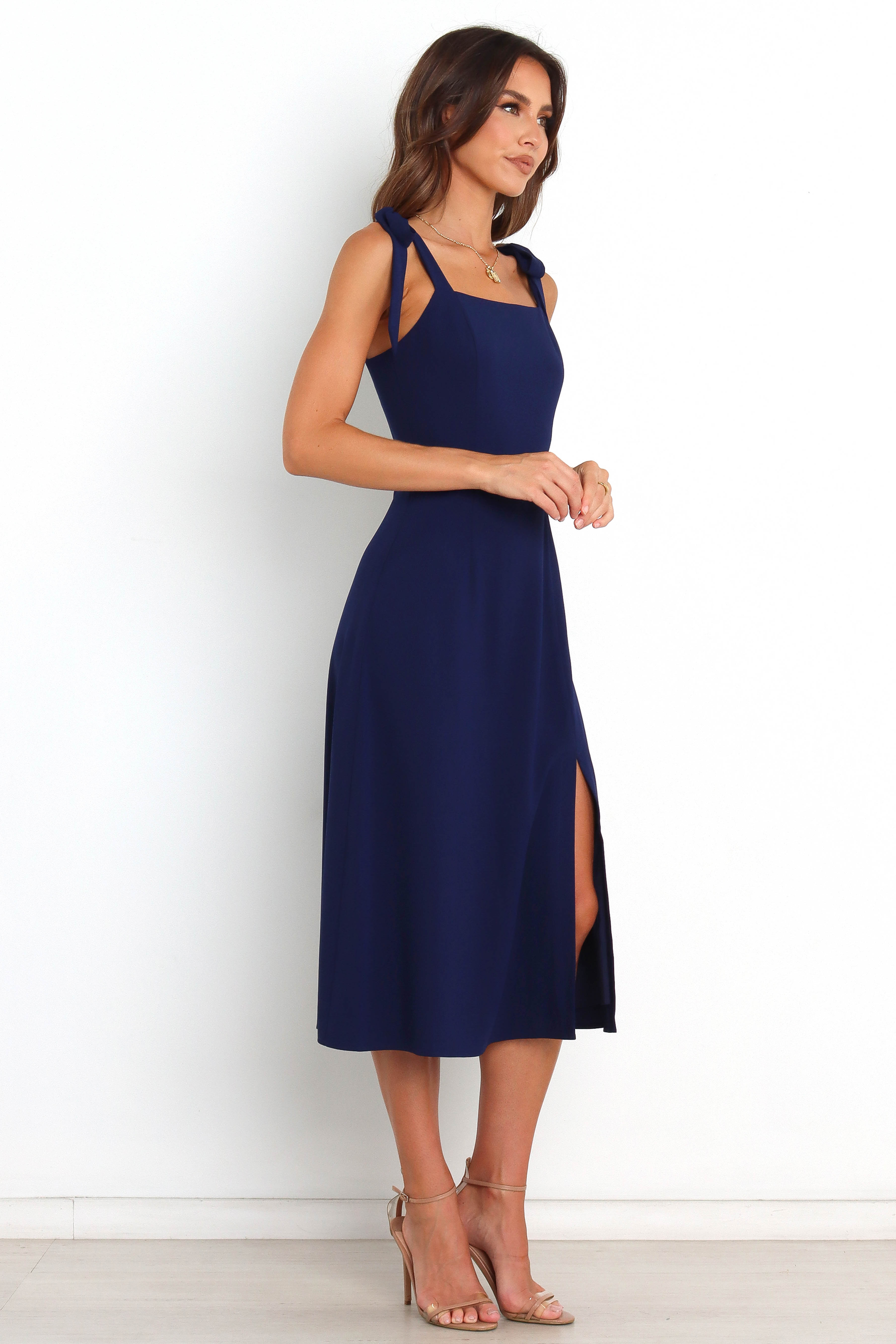 Navy Midi Dress with Shirred Back & Tie Straps - Laurel