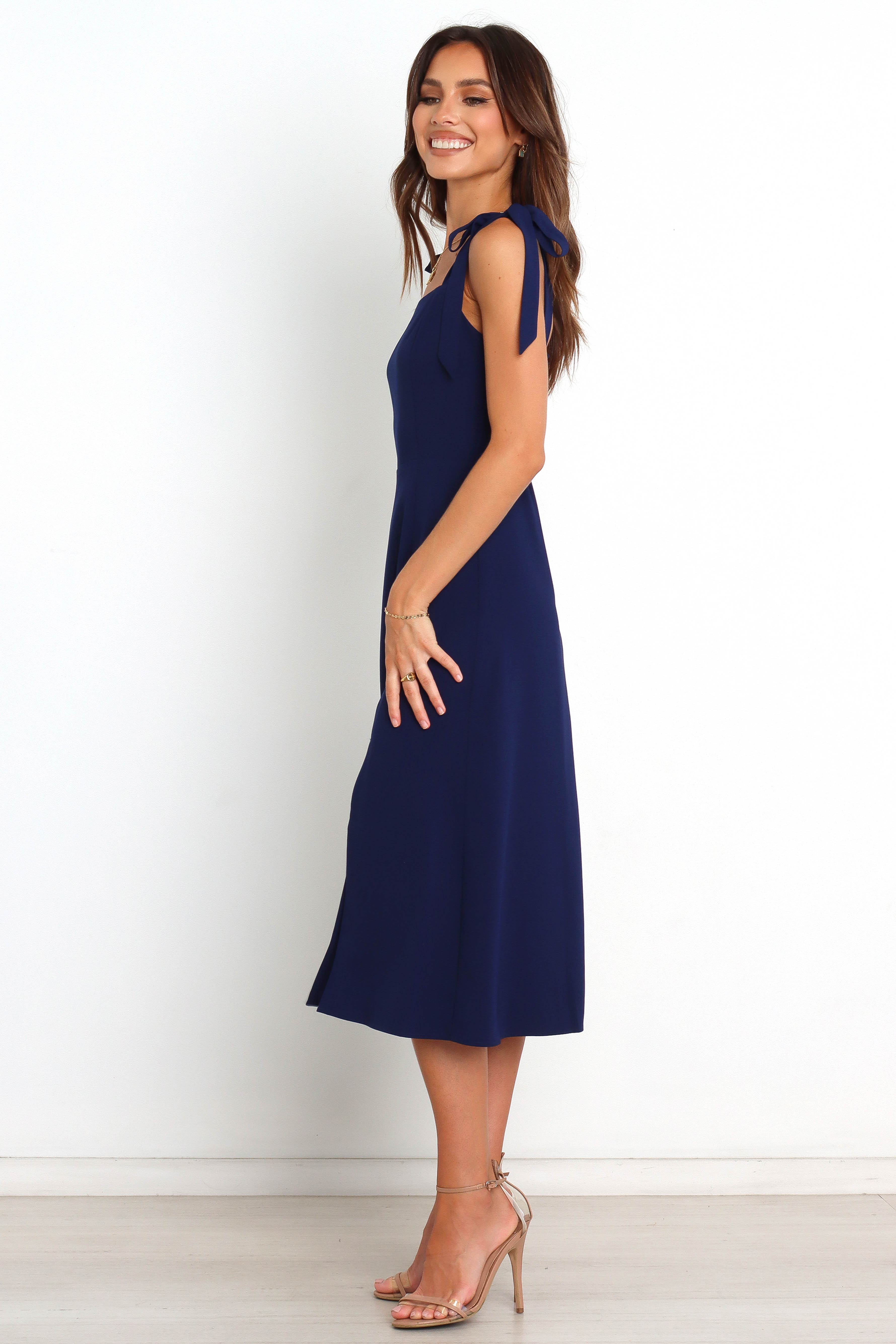 Navy Midi Dress with Shirred Back & Tie Straps - Laurel