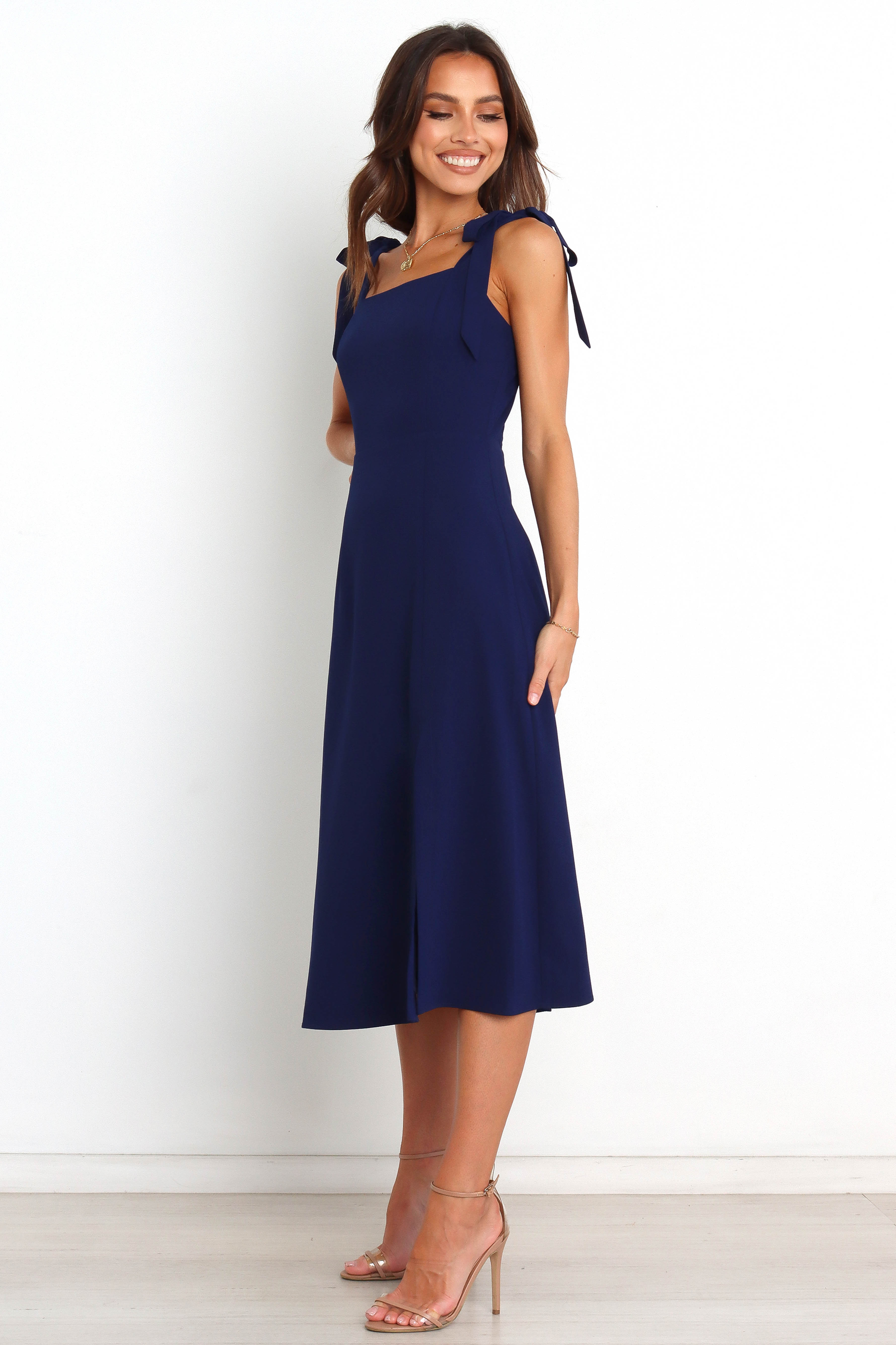 Navy Midi Dress with Shirred Back & Tie Straps - Laurel