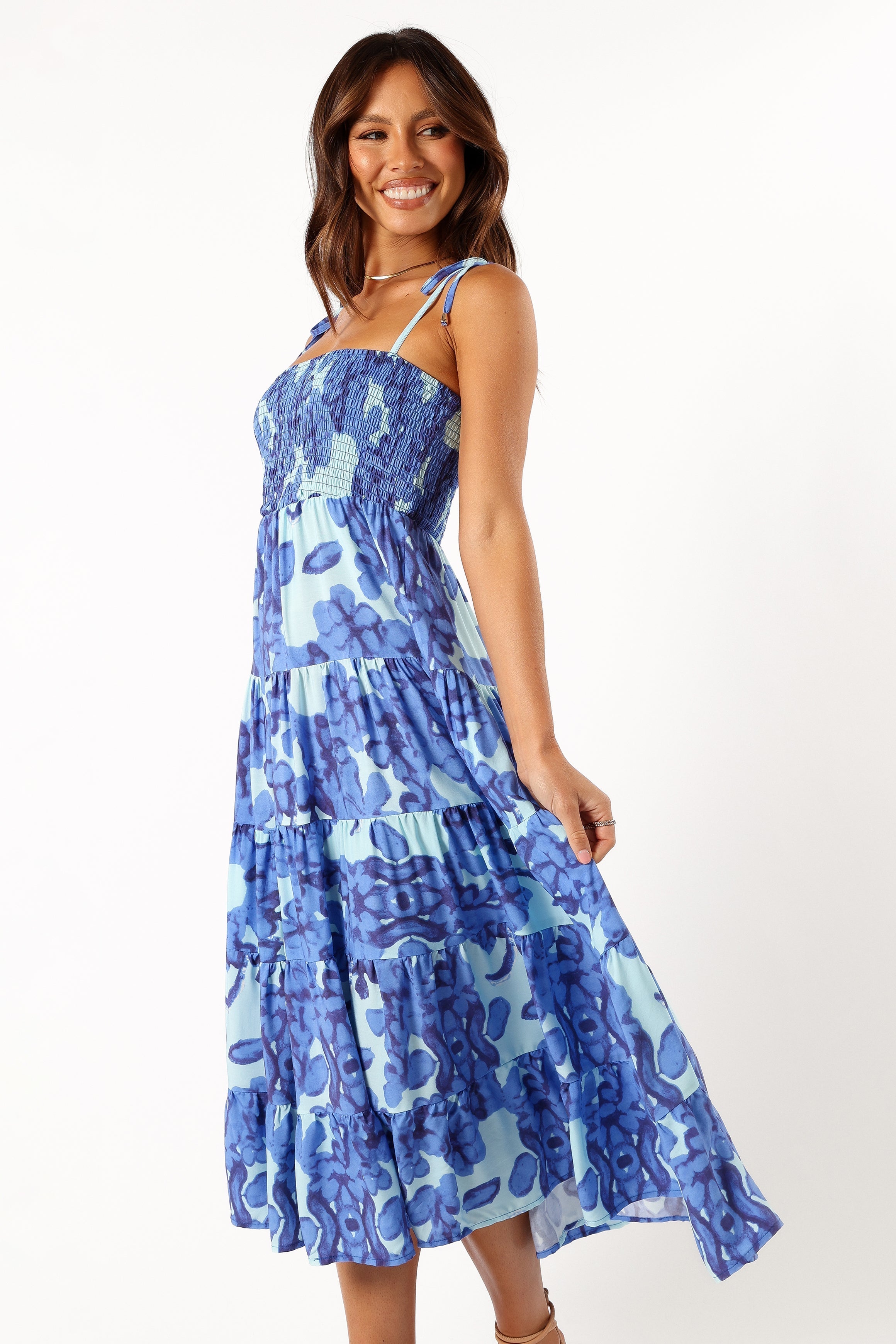 Blue Floral Midi Dress with Square Neckline & Tiered Skirt - Amarie