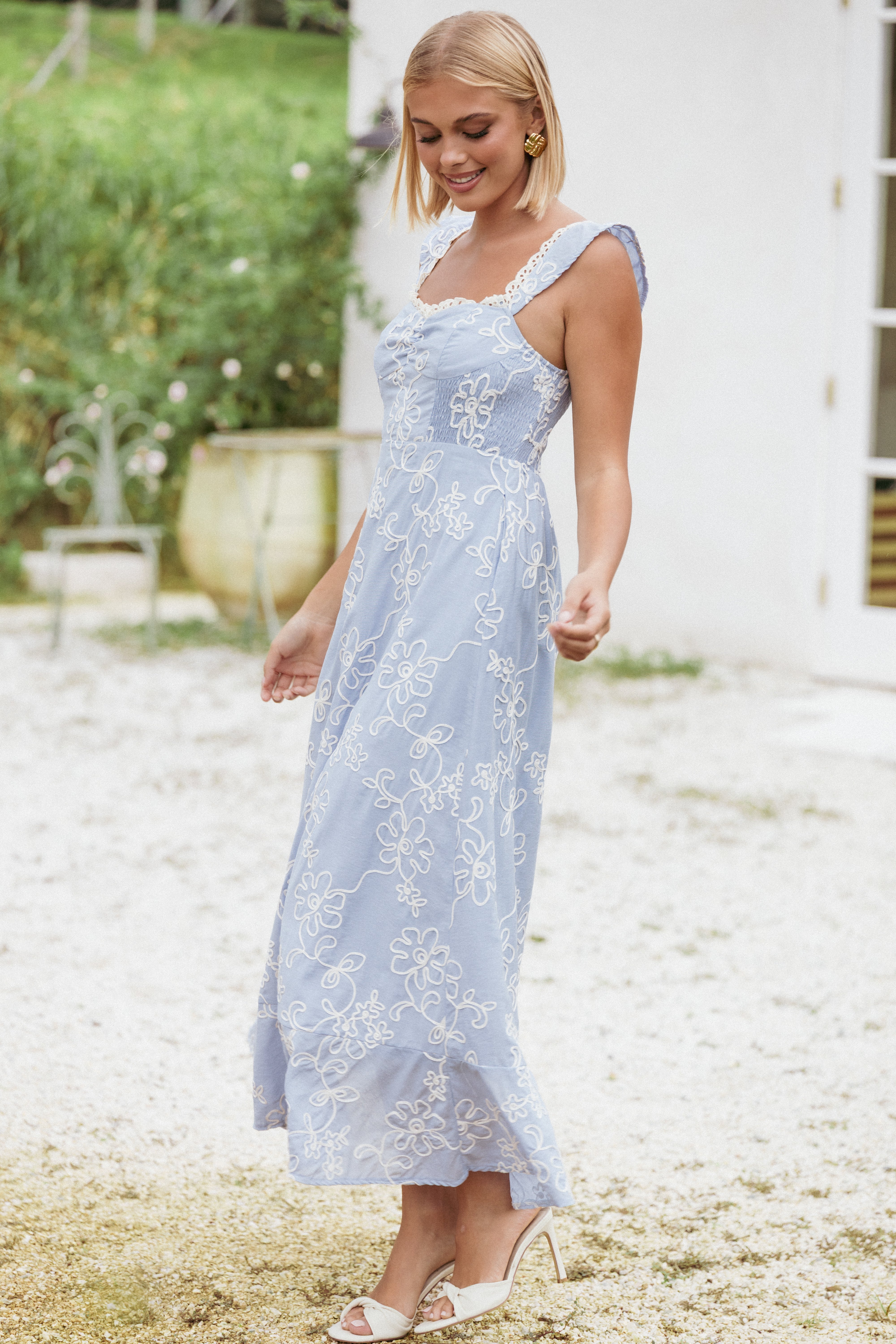 Ellise Blue Sweetheart Neckline Midi Dress with Pockets