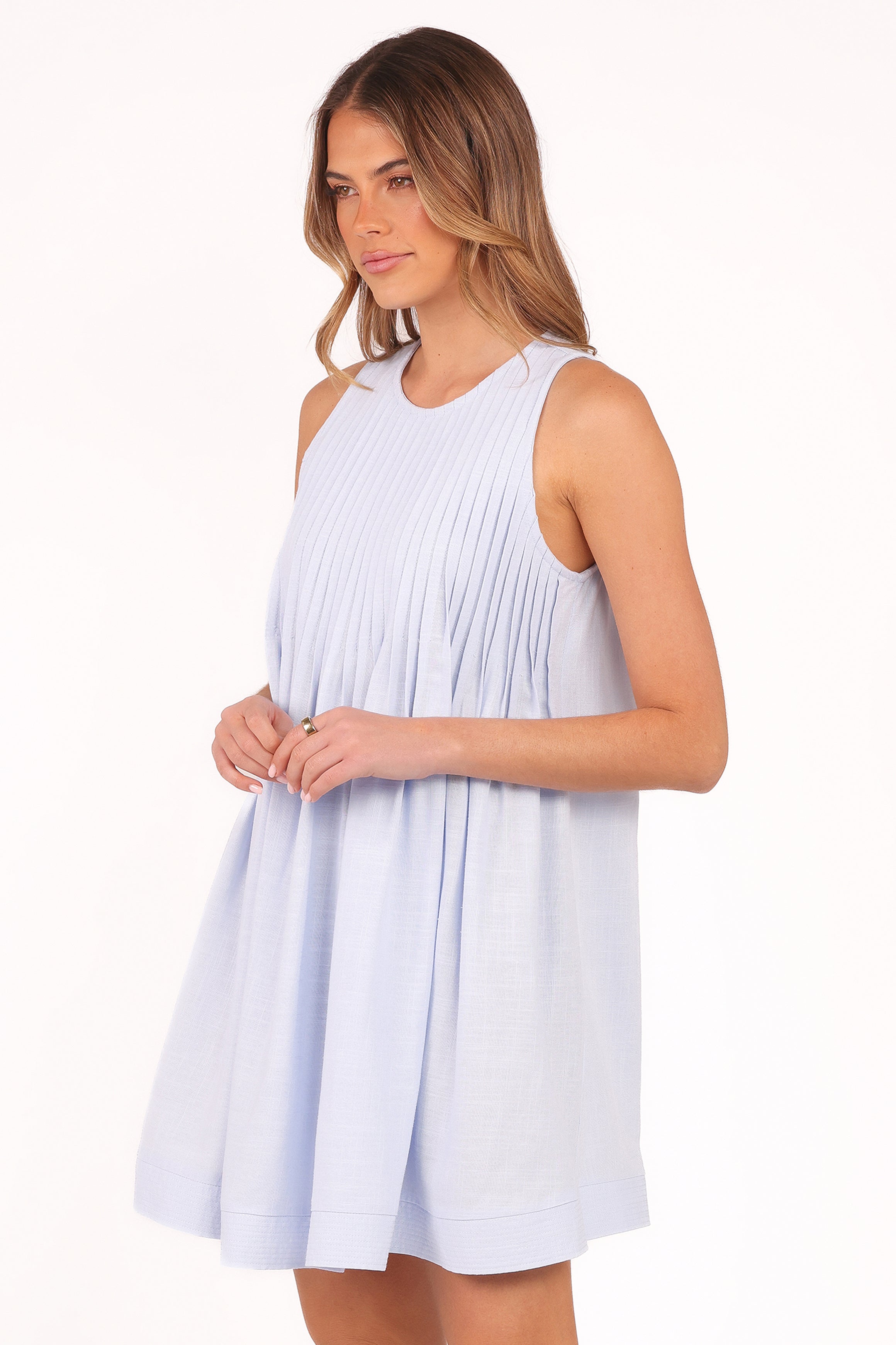 Daniela Blue Mini Dress - Flowy Smock Silhouette - Rayon Linen Blend