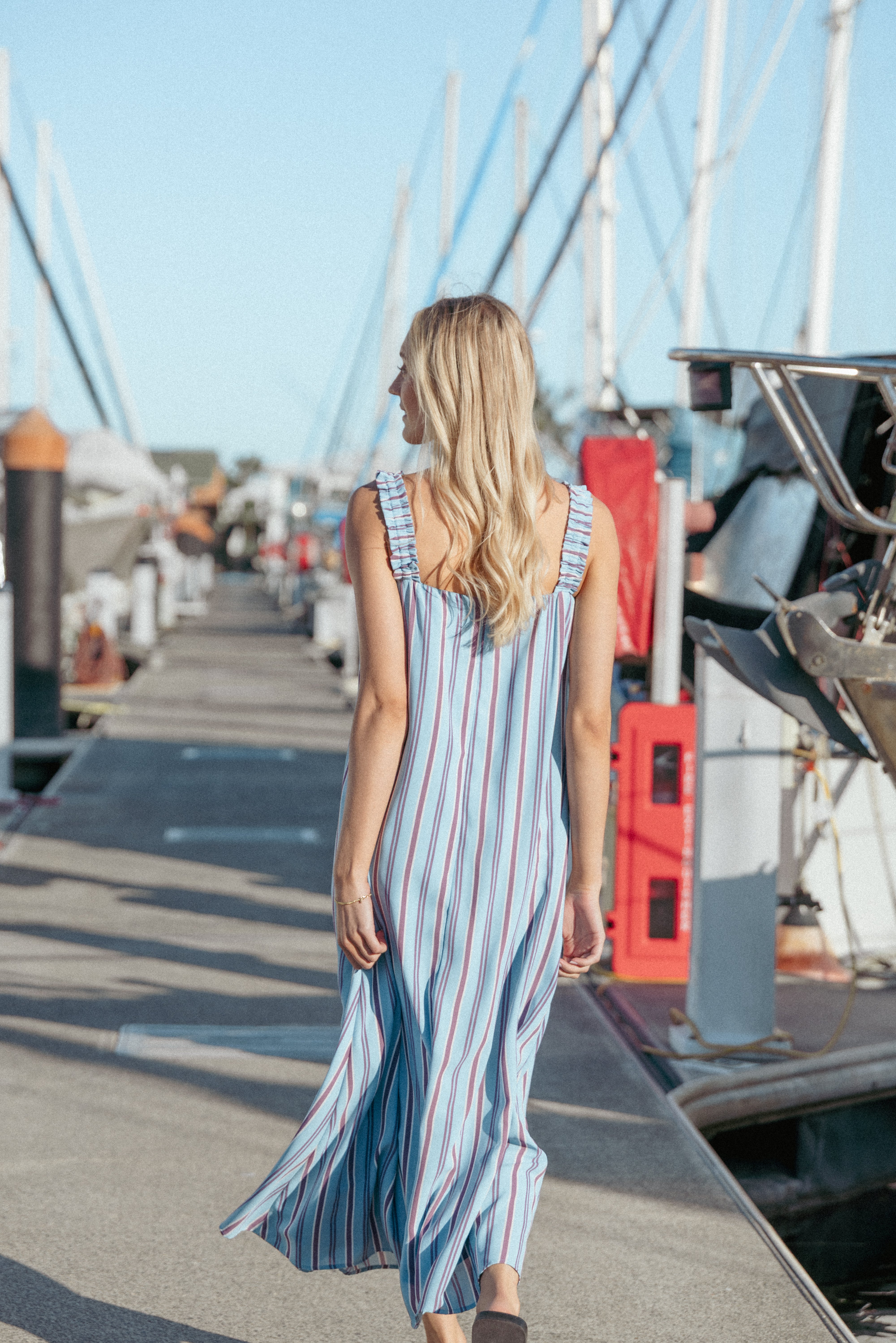 Alessandra Blue Stripe Maxi Dress with Elastic Straps